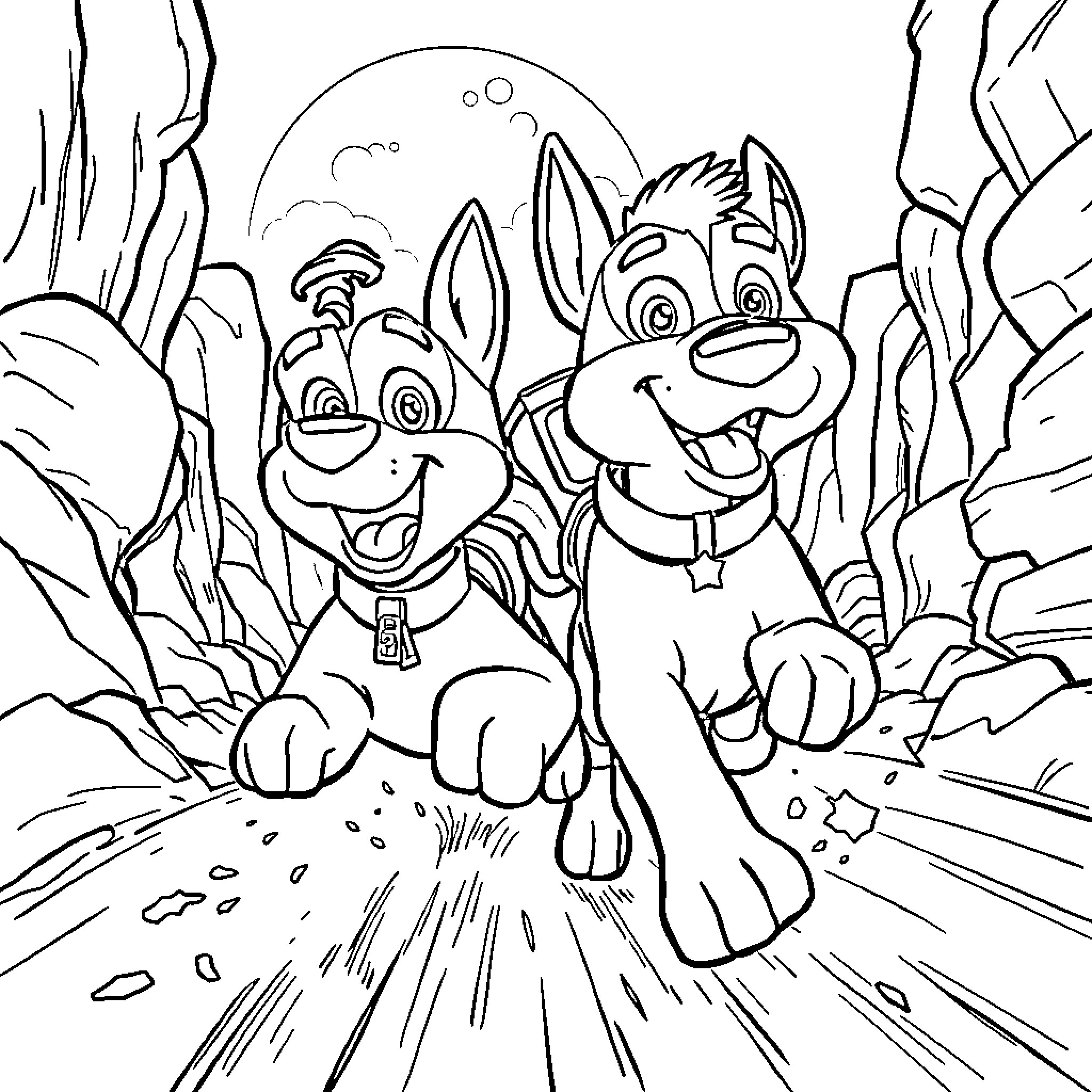 Chase through the rocky terrain Coloring Page (free black-and-white line drawing printable PDF for all, from beginners to advanced learners, including children, teens, adults, and seniors)