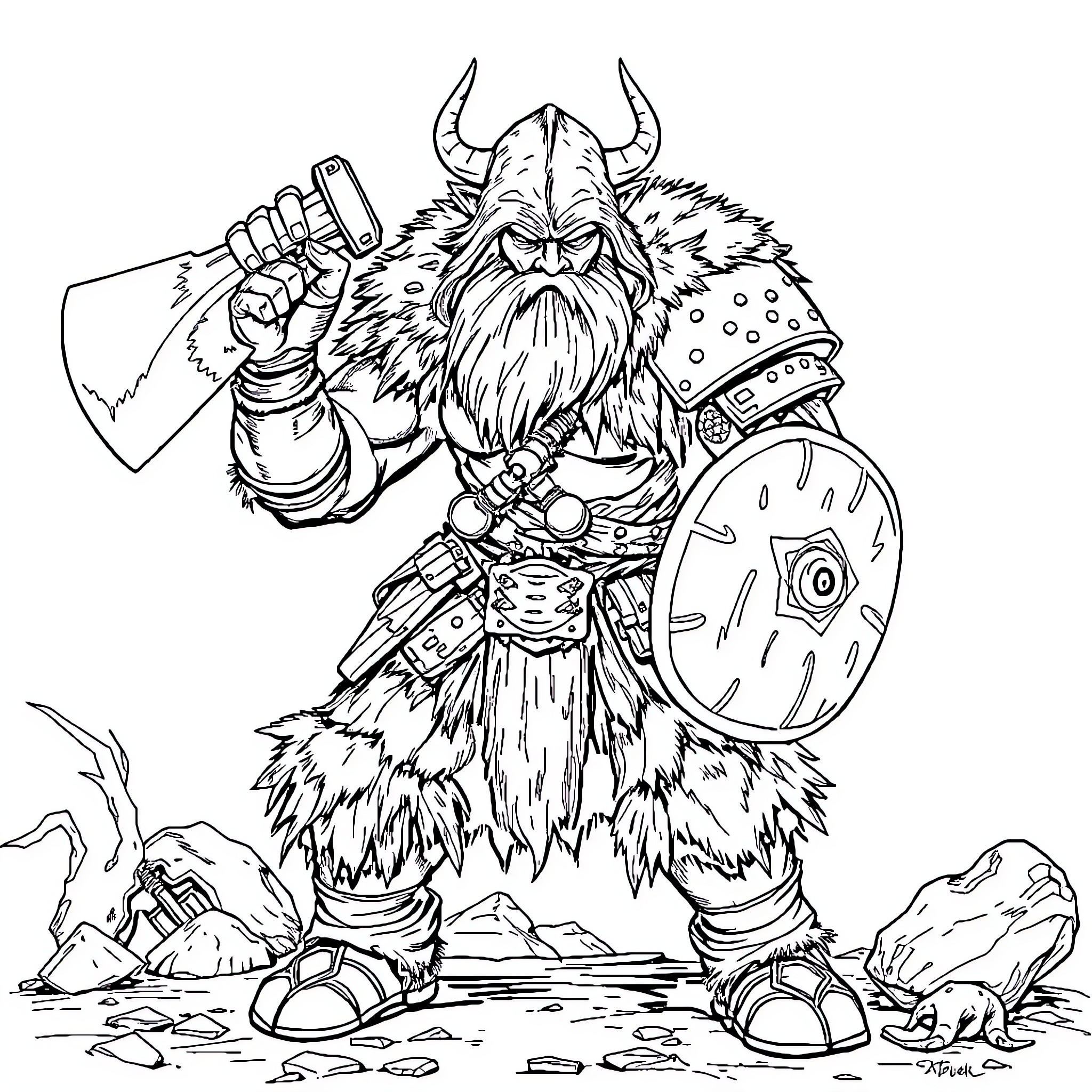 Barbarian warrior brandishing mighty axe in fierce battle Coloring Page (free black-and-white line drawing printable PDF for all, from beginners to advanced learners, including children, teens, adults, and seniors)