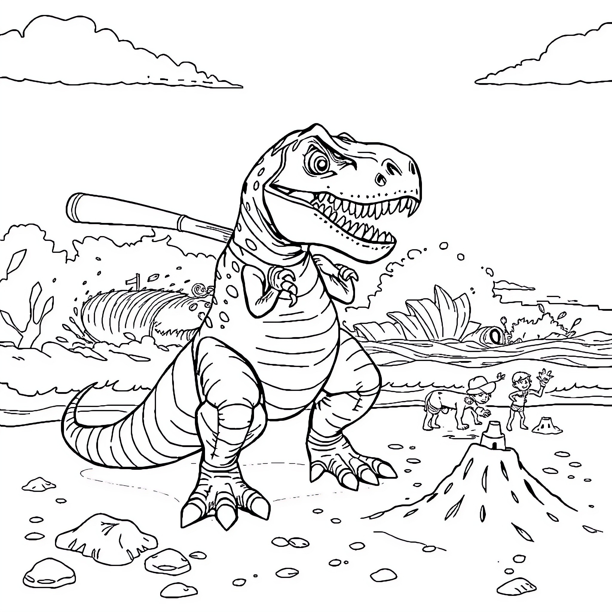 Indominus Rex roaring in prehistoric landscape Coloring Page (free black-and-white line drawing printable PDF for all, from beginners to advanced learners, including children, teens, adults, and seniors)