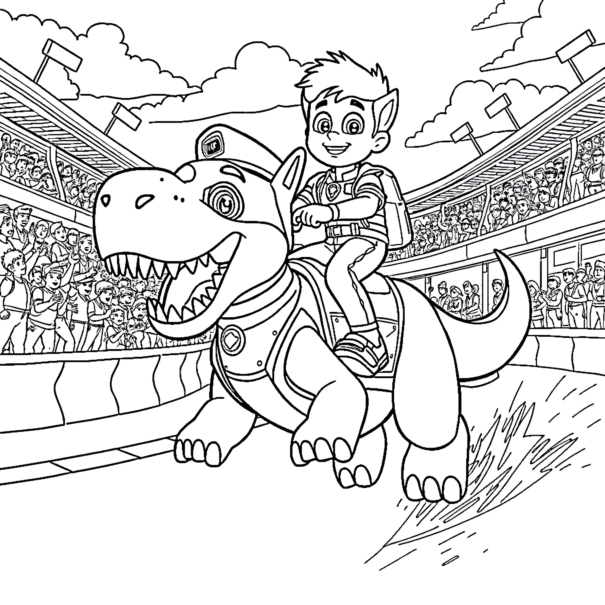 Chase a Dinosaur Adventure in the Stadium Coloring Page (free black-and-white line drawing printable PDF for all, from beginners to advanced learners, including children, teens, adults, and seniors)