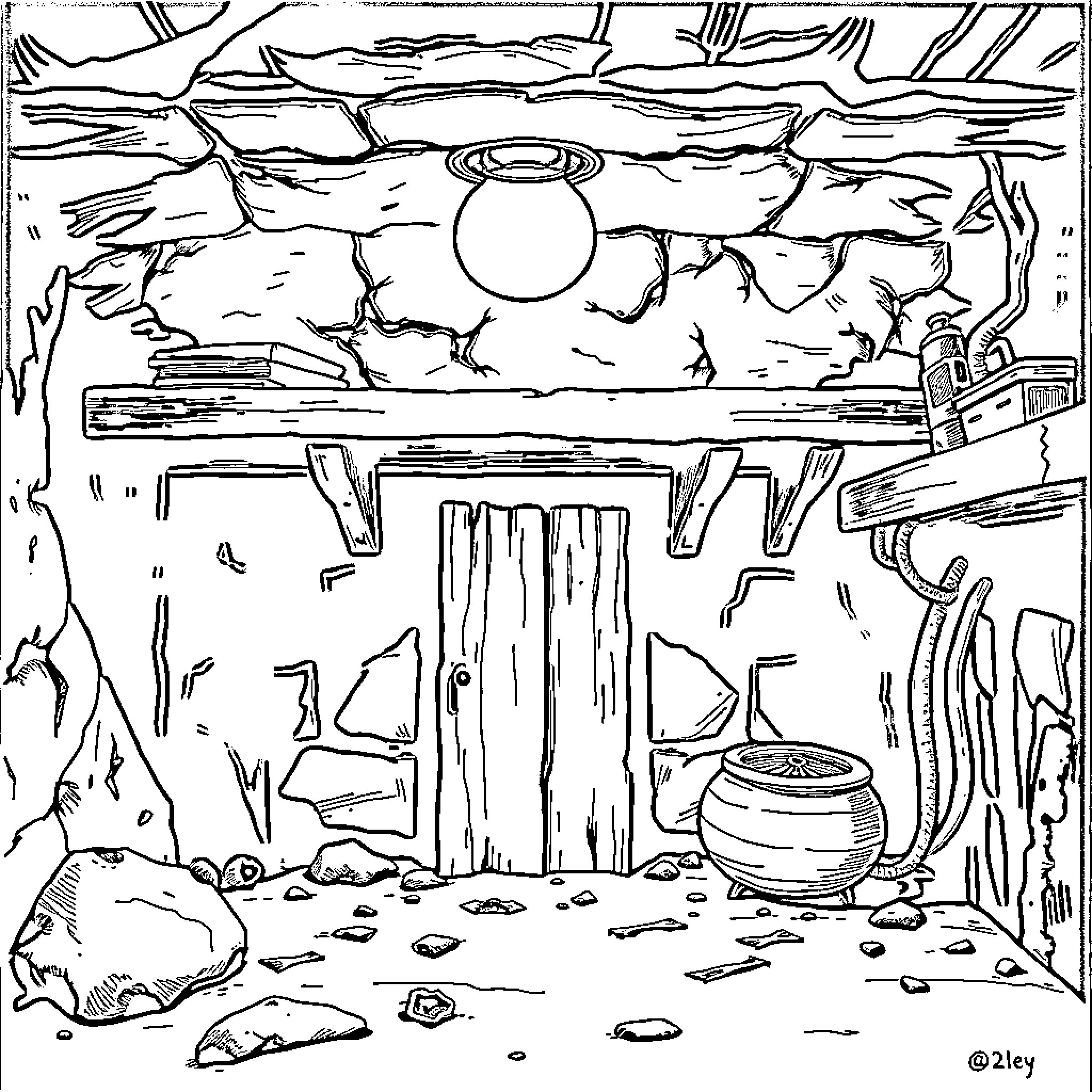 Basement Exploration of Mysterious Cavern Coloring Page (free black-and-white line drawing printable PDF for all, from beginners to advanced learners, including children, teens, adults, and seniors)