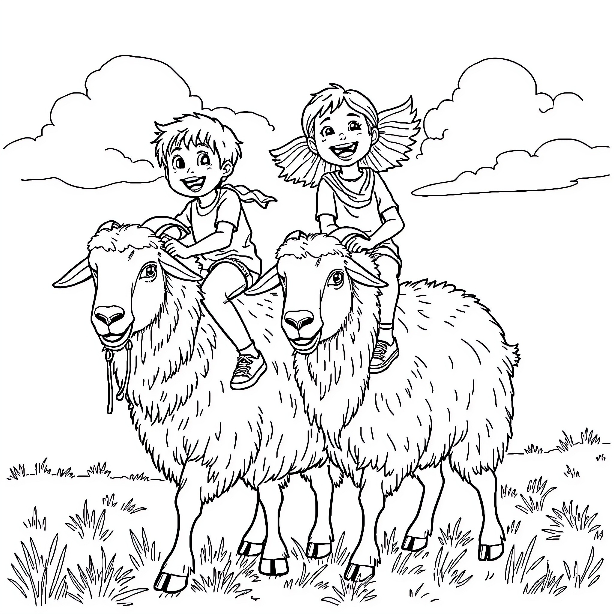 Midget Children Riding on Sheep in the Meadow Coloring Page (free black-and-white line drawing printable PDF for all, from beginners to advanced learners, including children, teens, adults, and seniors)