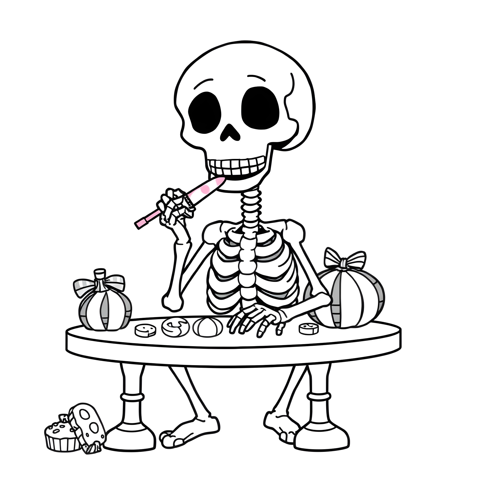 Skeleton decorating for Halloween Coloring Page (free black-and-white line drawing printable PDF for all, from beginners to advanced learners, including children, teens, adults, and seniors)