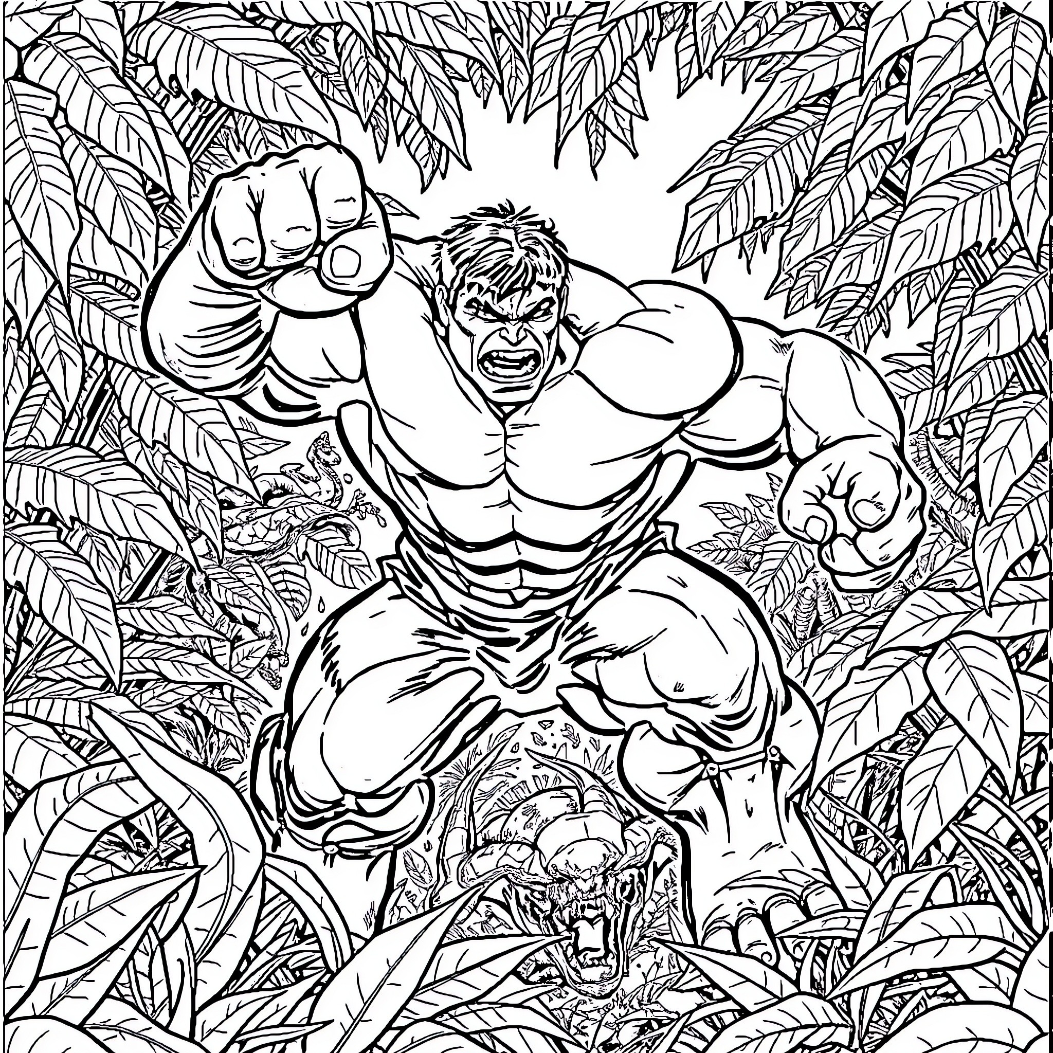 Hulk Roaring in the Jungle Wilderness Coloring Page (free black-and-white line drawing printable PDF for all, from beginners to advanced learners, including children, teens, adults, and seniors)