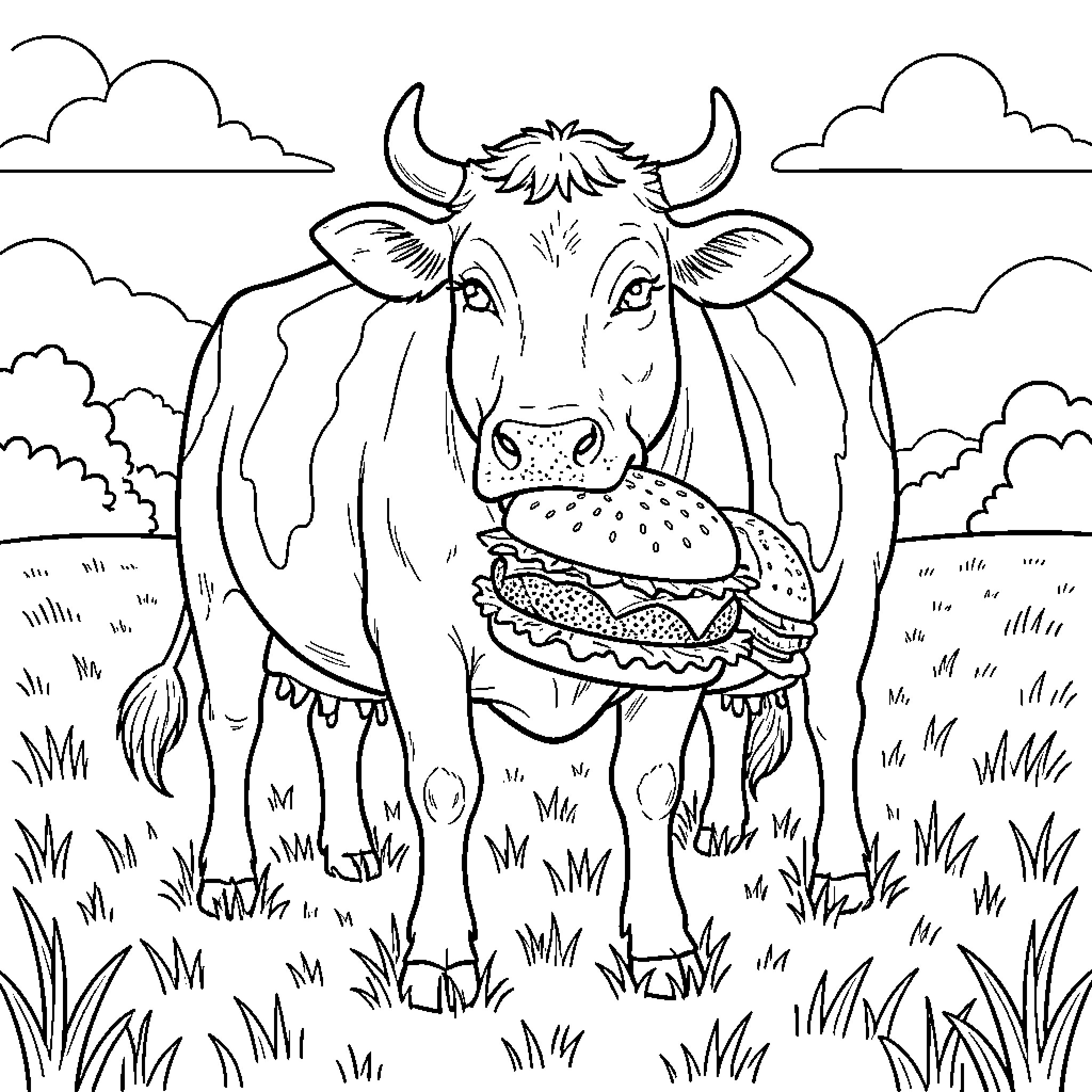 Cow eating a large hamburger in a field Coloring Page (free black-and-white line drawing printable PDF for all, from beginners to advanced learners, including children, teens, adults, and seniors)