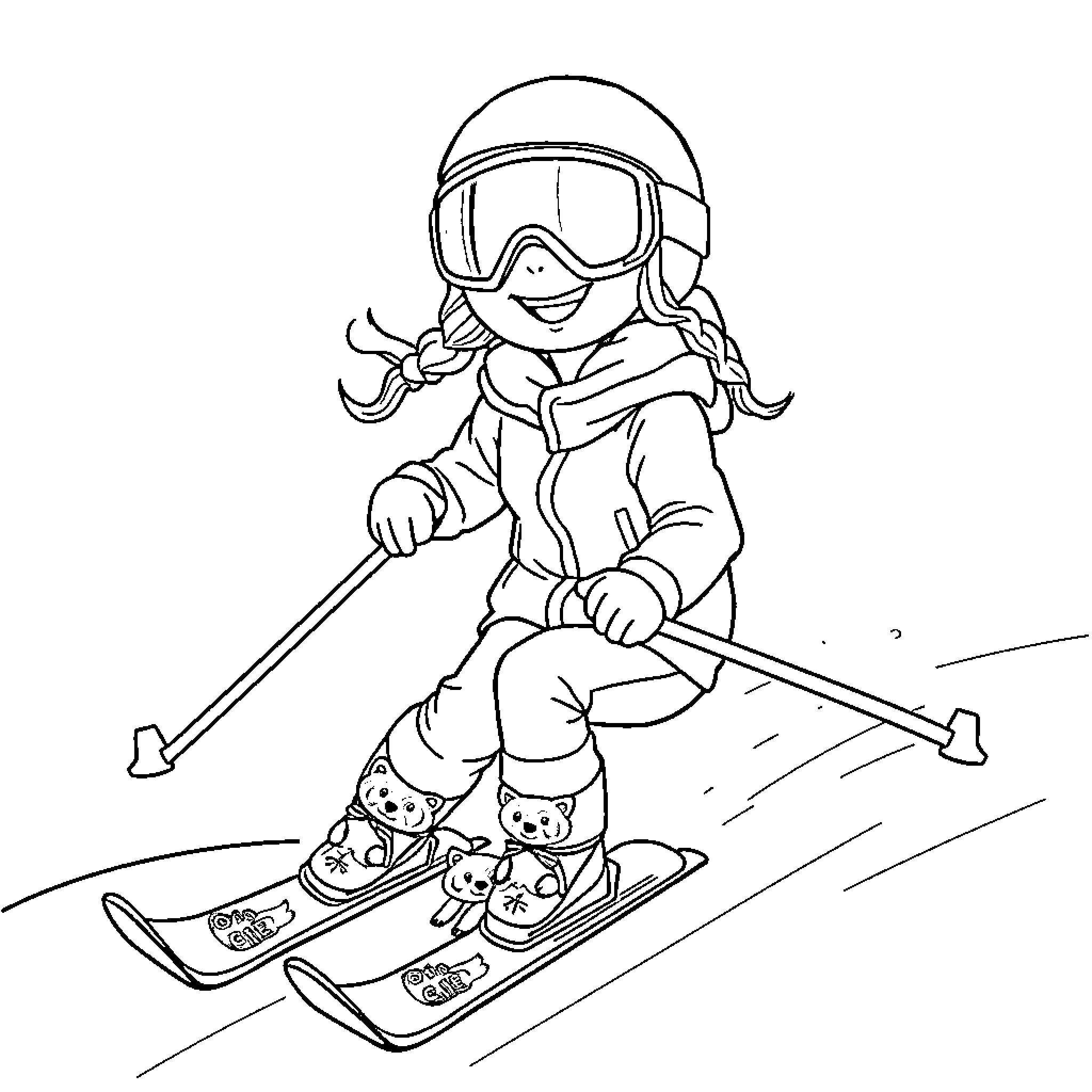 Girl skiing happily on the slopes Coloring Page (free black-and-white line drawing printable PDF for all, from beginners to advanced learners, including children, teens, adults, and seniors)