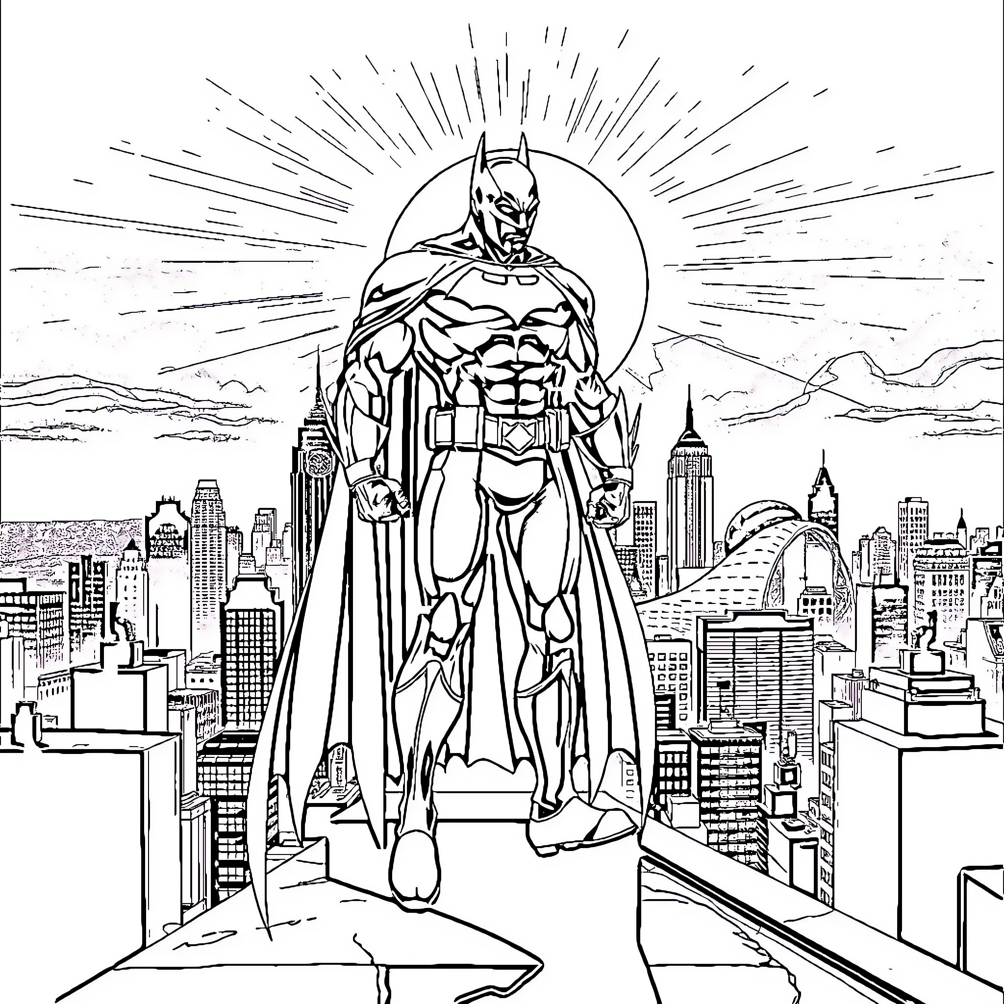 Batman heroically surveying the city skyline Coloring Page (free black-and-white line drawing printable PDF for all, from beginners to advanced learners, including children, teens, adults, and seniors)