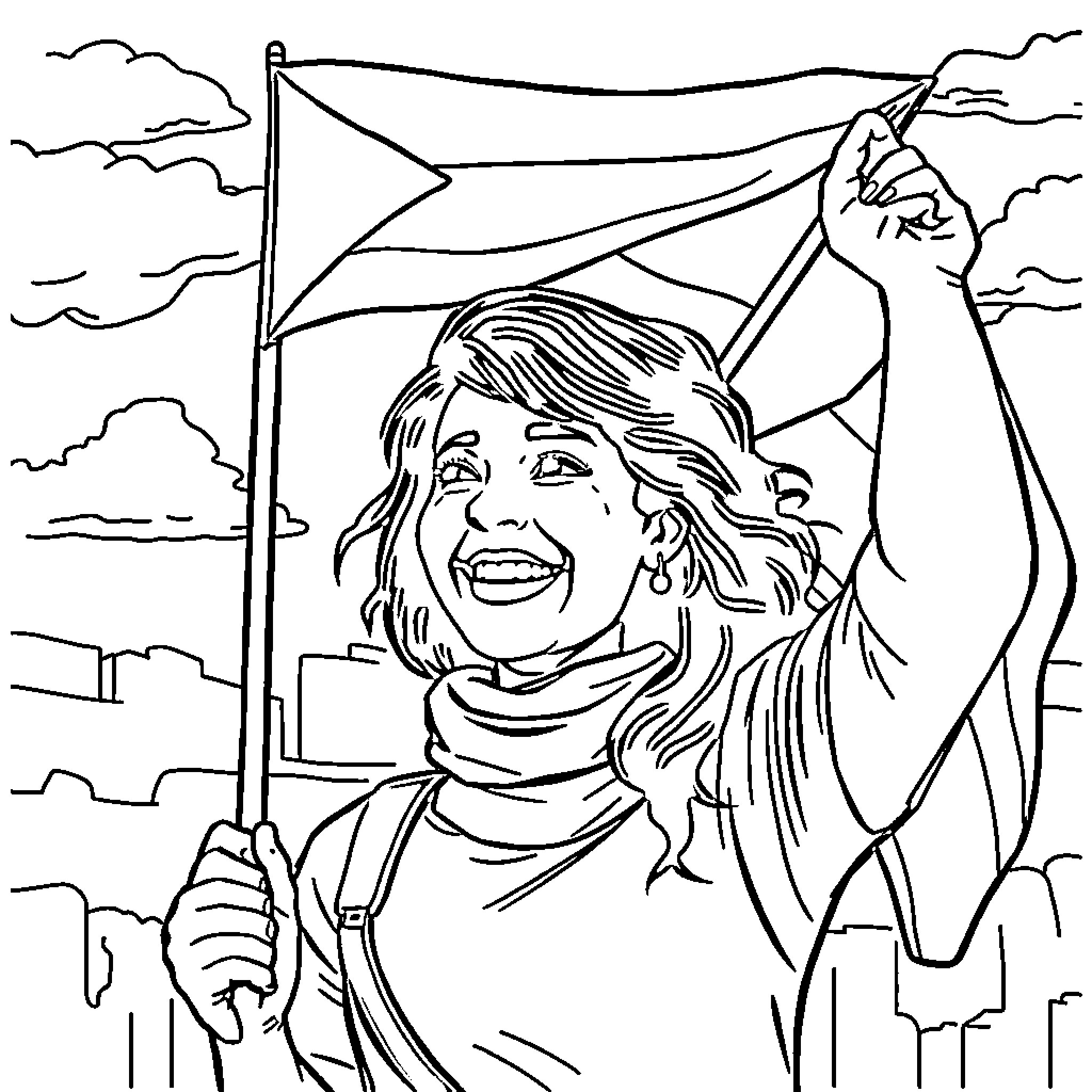 Ms Rachel's cheerful expression on a windy day Coloring Page (free black-and-white line drawing printable PDF for all, from beginners to advanced learners, including children, teens, adults, and seniors)