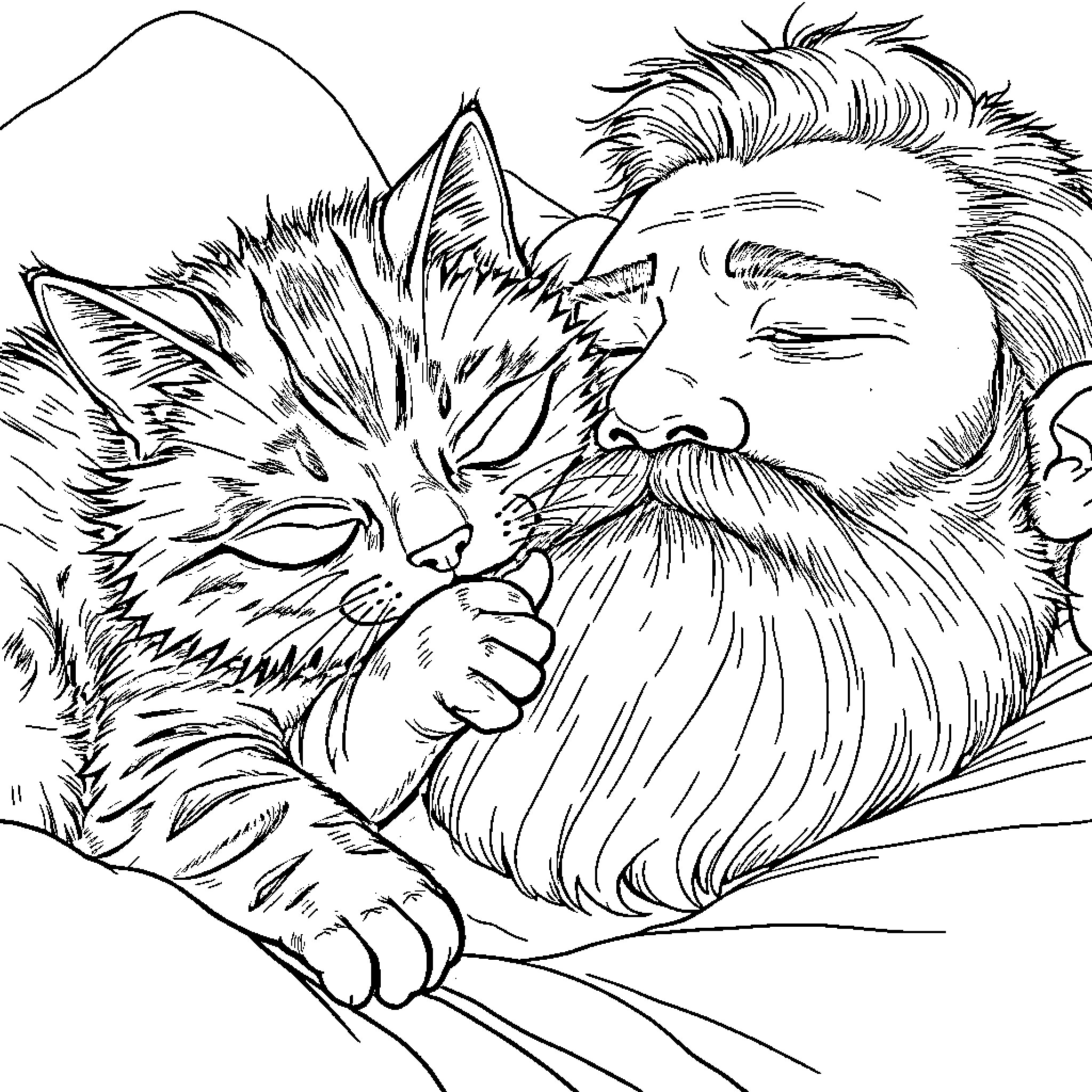 Cat cuddling affectionately with bearded man Coloring Page (free black-and-white line drawing printable PDF for all, from beginners to advanced learners, including children, teens, adults, and seniors)