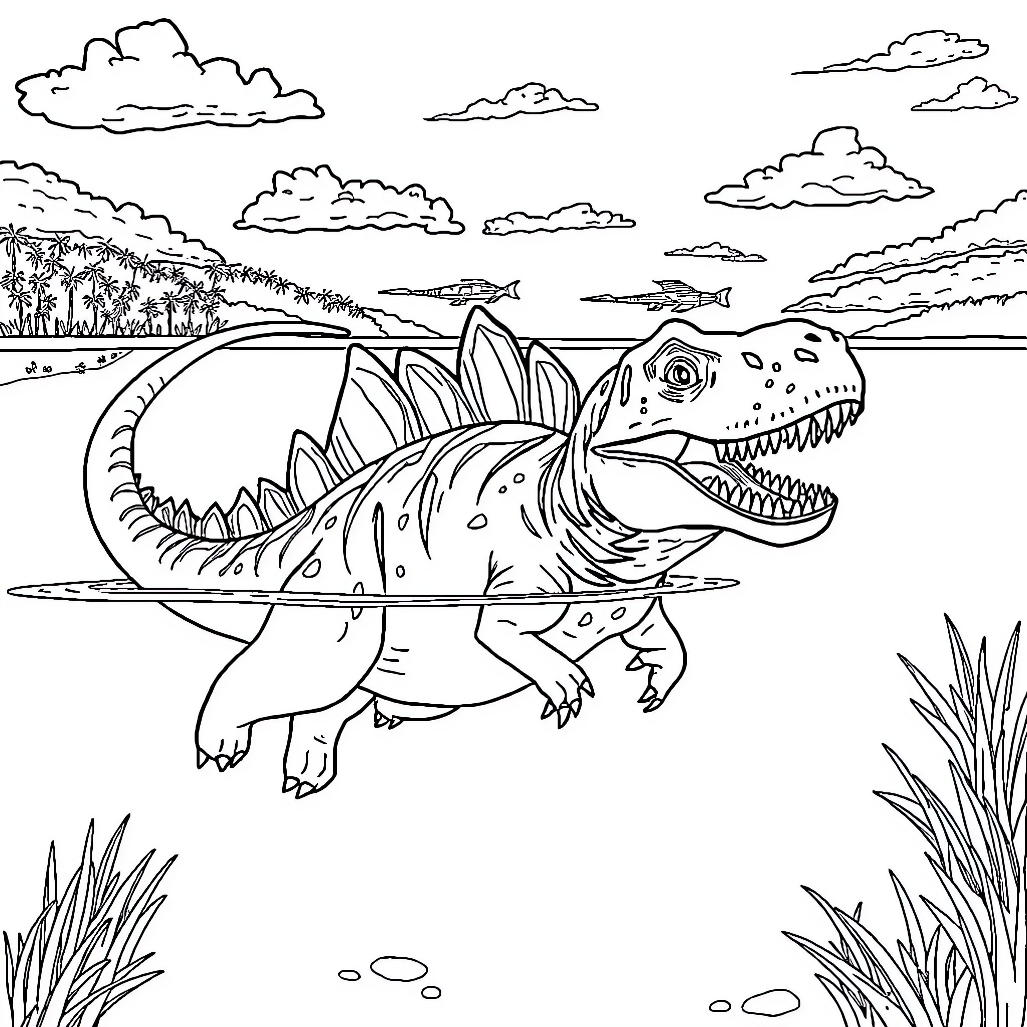 Dinosaur swimming in the ocean landscape Coloring Page (free black-and-white line drawing printable PDF for all, from beginners to advanced learners, including children, teens, adults, and seniors)