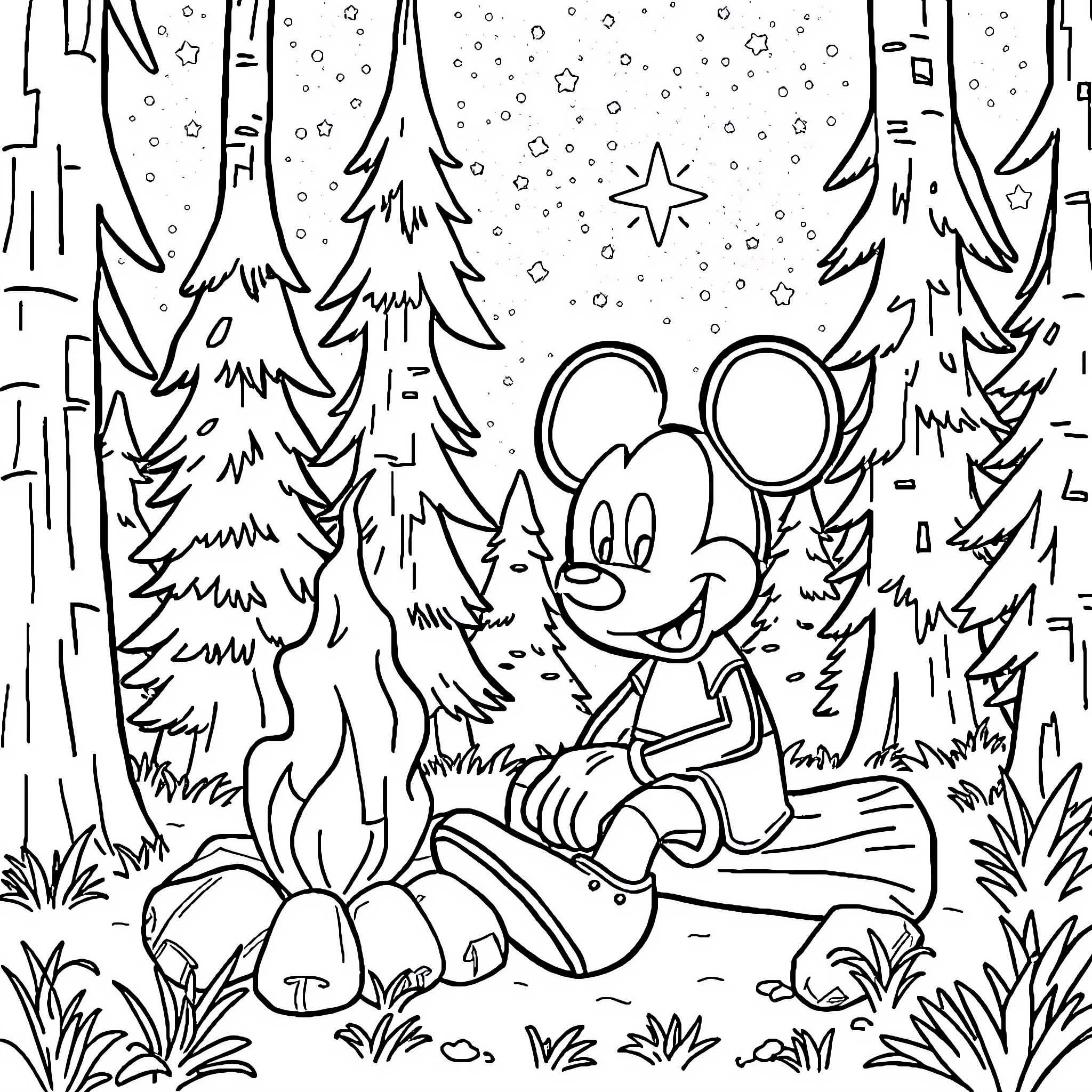 Mickey Mouse exploring the snowy forest Coloring Page (free black-and-white line drawing printable PDF for all, from beginners to advanced learners, including children, teens, adults, and seniors)