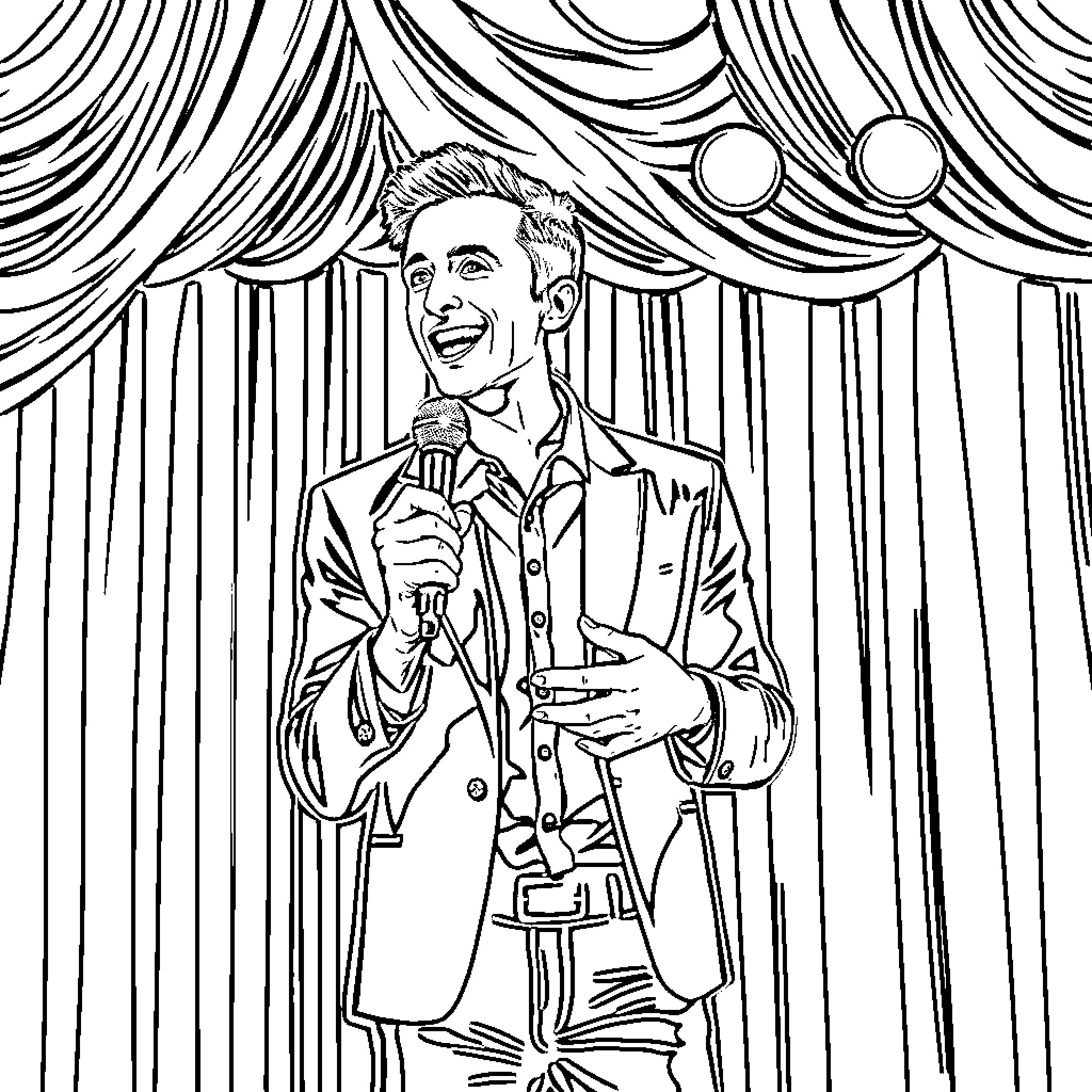 Tony Hinchcliffe performing on stage with microphone Coloring Page (free black-and-white line drawing printable PDF for all, from beginners to advanced learners, including children, teens, adults, and seniors)