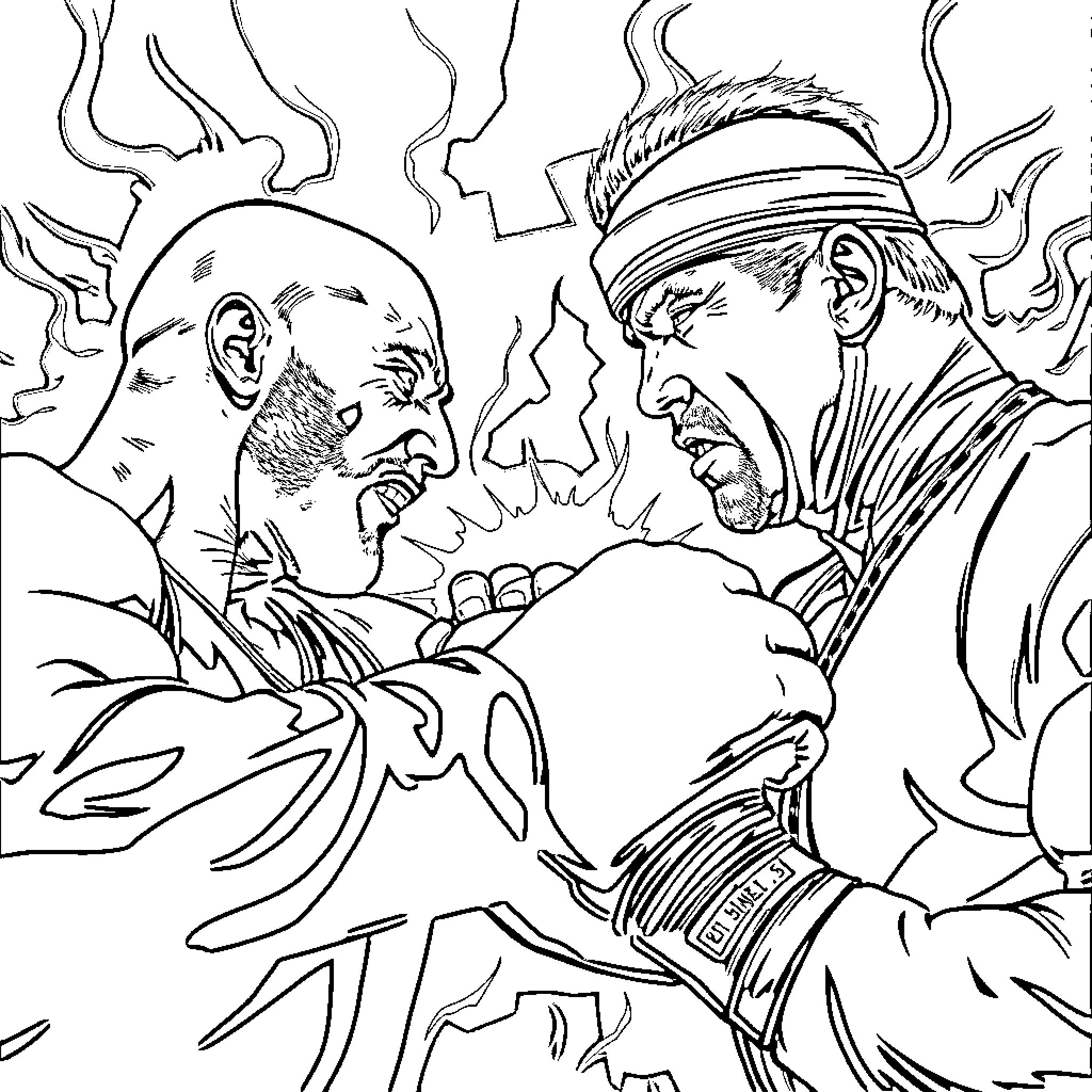 Van Damme's Intense Hand-to-Hand Combat Scene Coloring Page (free black-and-white line drawing printable PDF for all, from beginners to advanced learners, including children, teens, adults, and seniors)