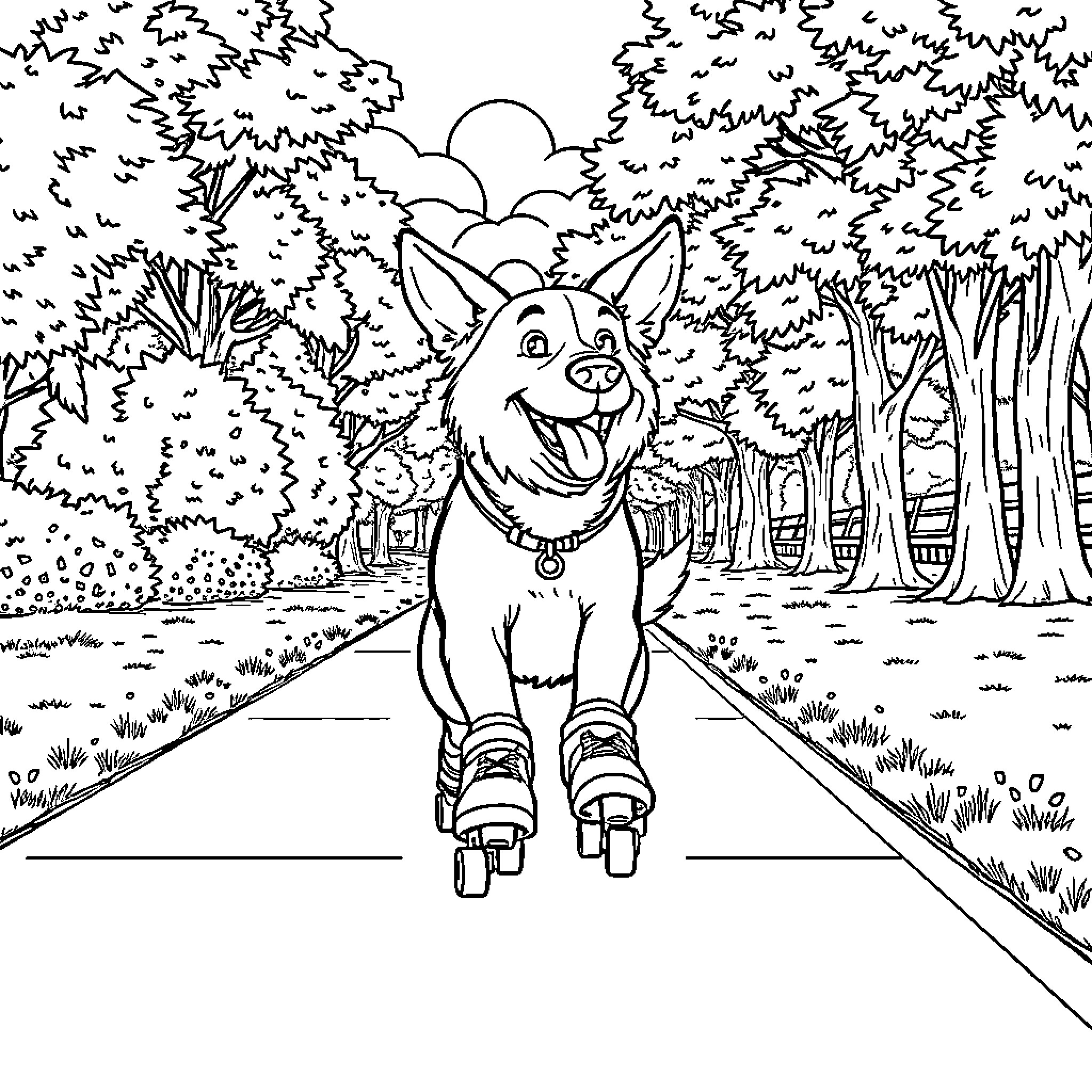 Dog happily rollerblading through a forest Coloring Page (free black-and-white line drawing printable PDF for all, from beginners to advanced learners, including children, teens, adults, and seniors)