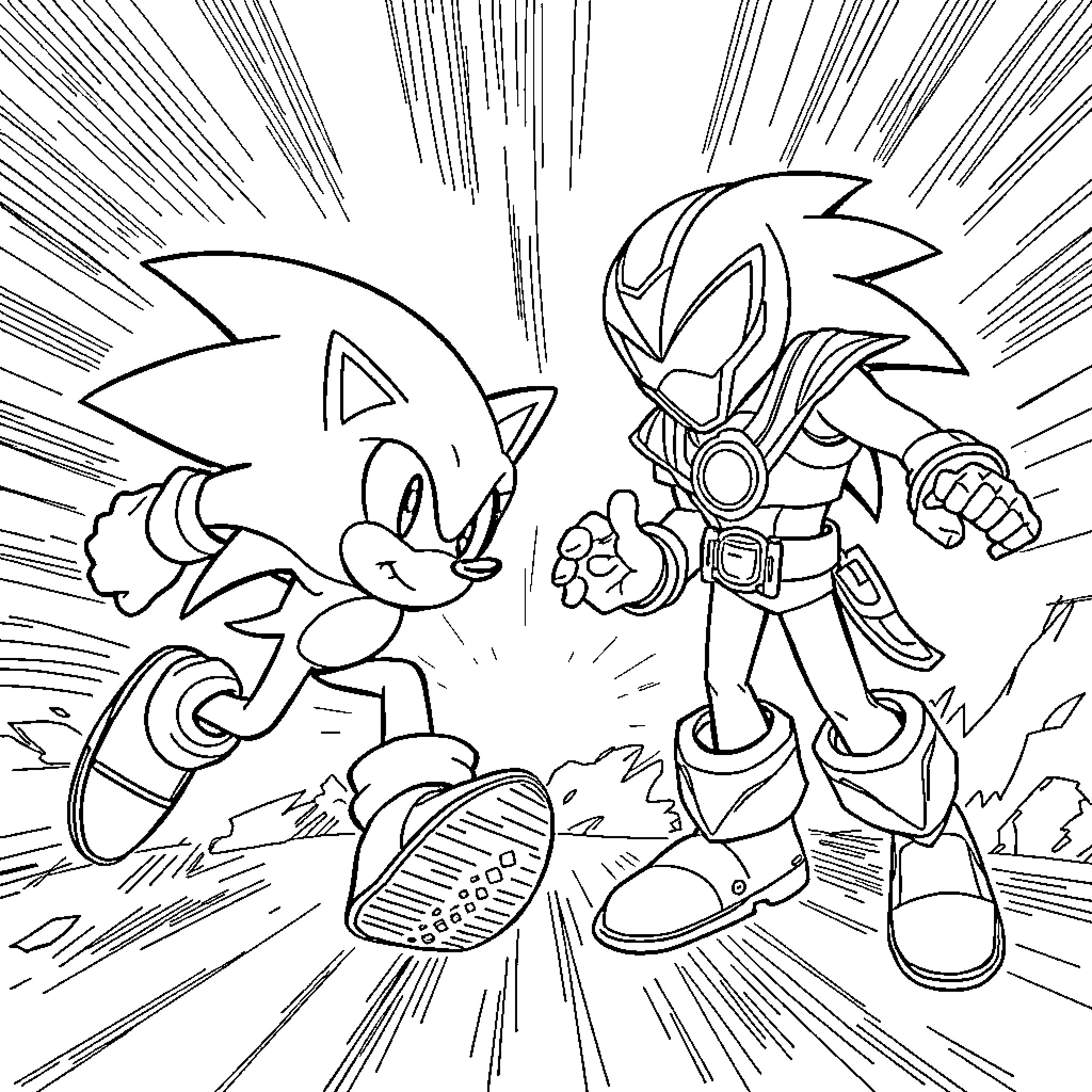 Sonic racing against an armored foe Coloring Page (free black-and-white line drawing printable PDF for all, from beginners to advanced learners, including children, teens, adults, and seniors)
