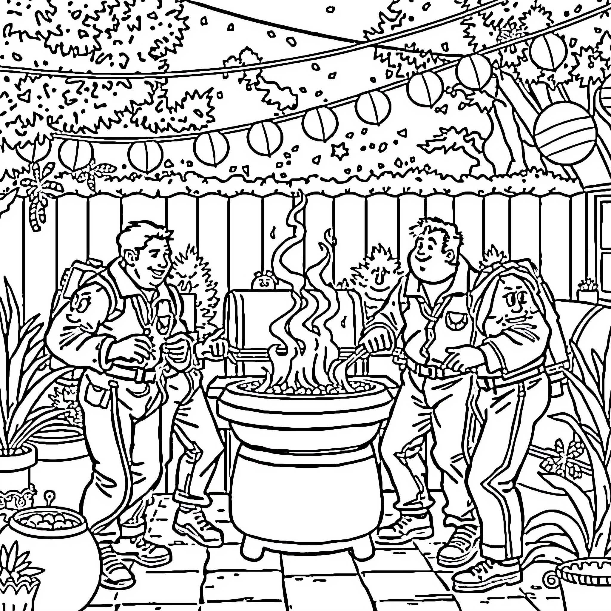 Ghostbusters having a celebratory cookout in the backyard Coloring Page (free black-and-white line drawing printable PDF for all, from beginners to advanced learners, including children, teens, adults, and seniors)