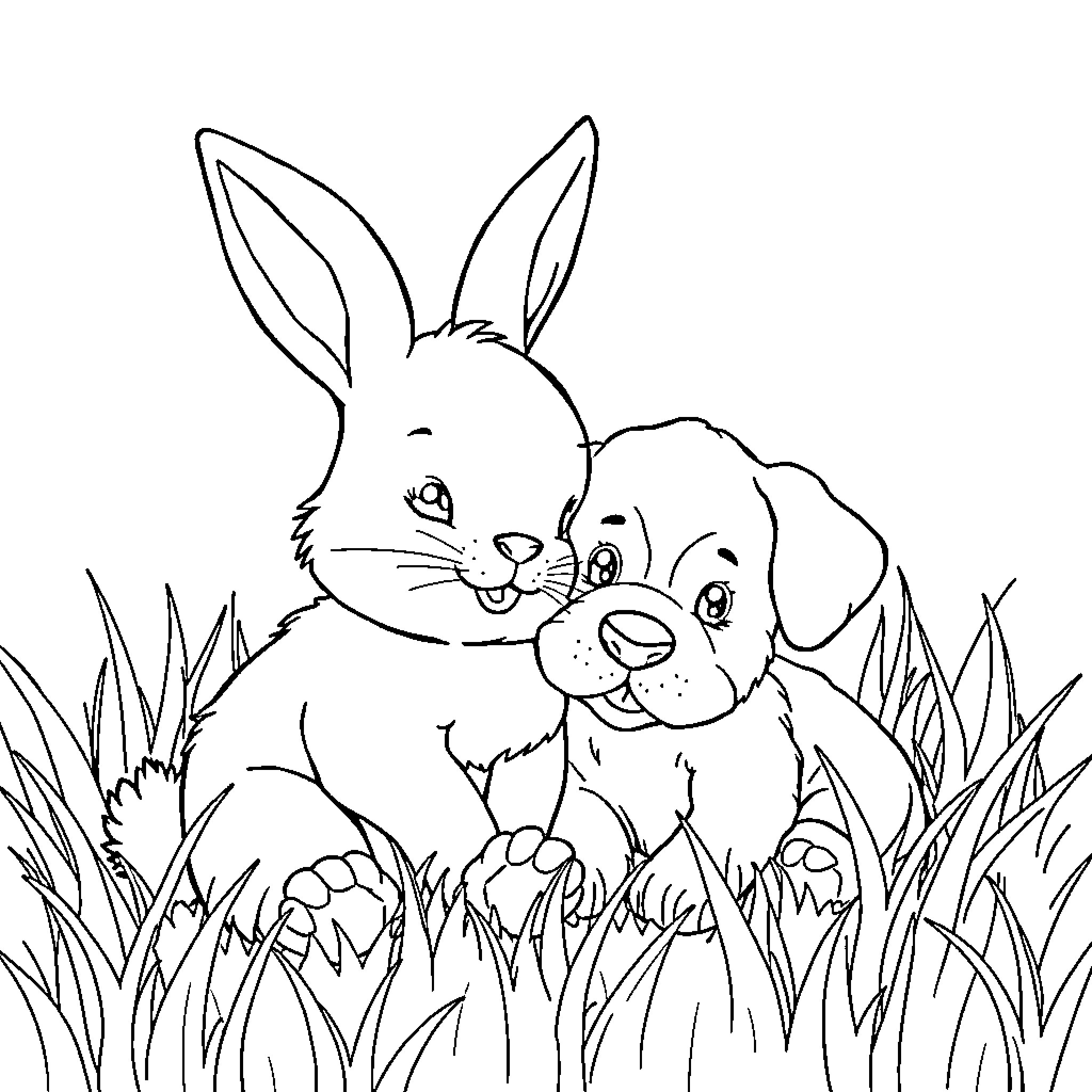 Bunny and puppy playing together in the grass Coloring Page (free black-and-white line drawing printable PDF for all, from beginners to advanced learners, including children, teens, adults, and seniors)