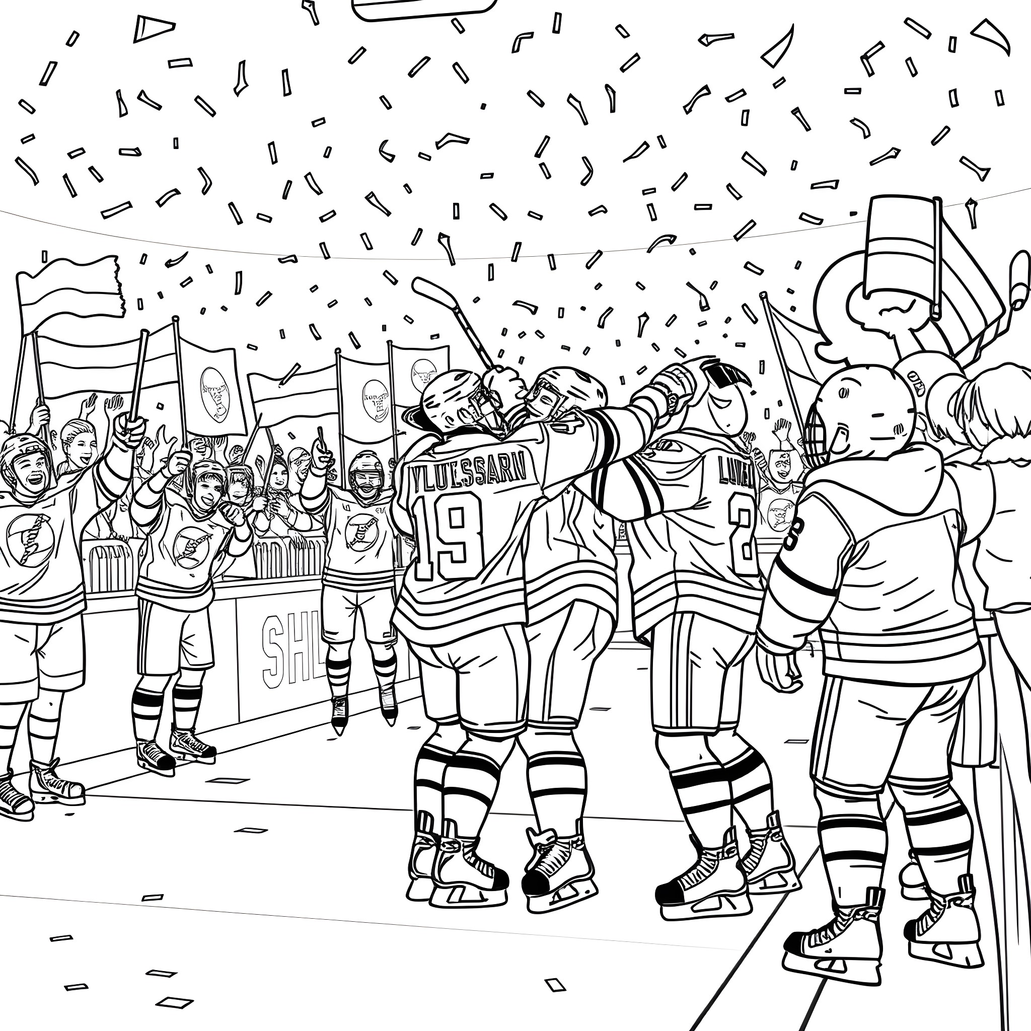 Hockey players celebrating victory on the ice Coloring Page (free black-and-white line drawing printable PDF for all, from beginners to advanced learners, including children, teens, adults, and seniors)