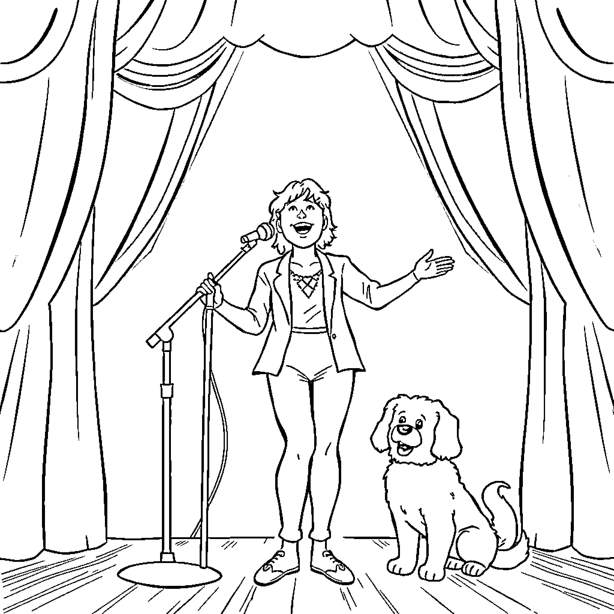 Singer performing on stage with a dog Coloring Page (free black-and-white line drawing printable PDF for all, from beginners to advanced learners, including children, teens, adults, and seniors)