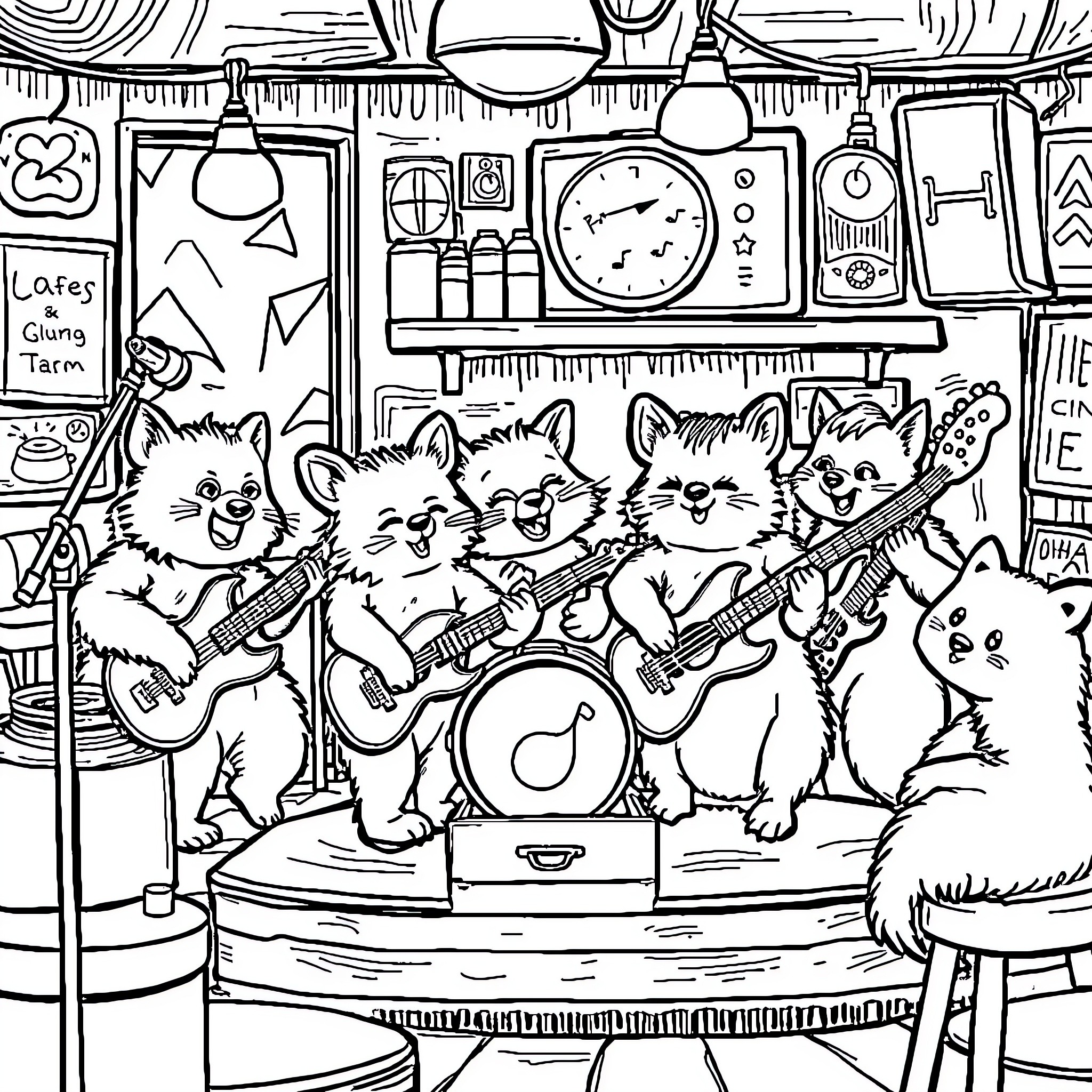 Animal musicians performing in a lively studio Coloring Page (free black-and-white line drawing printable PDF for all, from beginners to advanced learners, including children, teens, adults, and seniors)