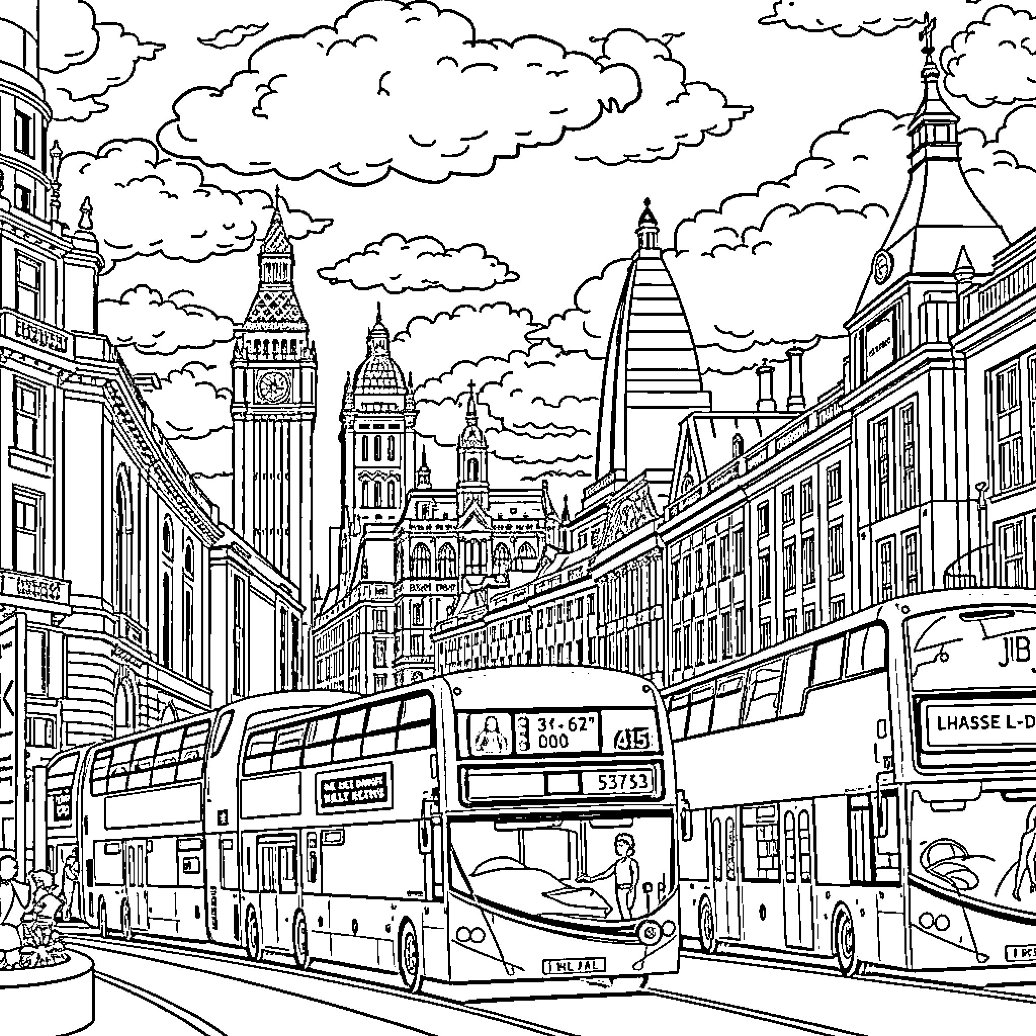 London street scene with iconic landmarks and public transportation Coloring Page (free black-and-white line drawing printable PDF for all, from beginners to advanced learners, including children, teens, adults, and seniors)