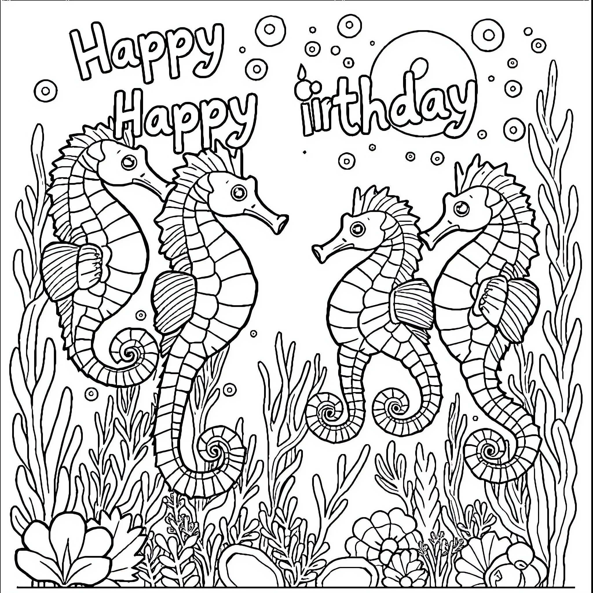 Seahorses celebrating a happy birthday Coloring Page (free black-and-white line drawing printable PDF for all, from beginners to advanced learners, including children, teens, adults, and seniors)