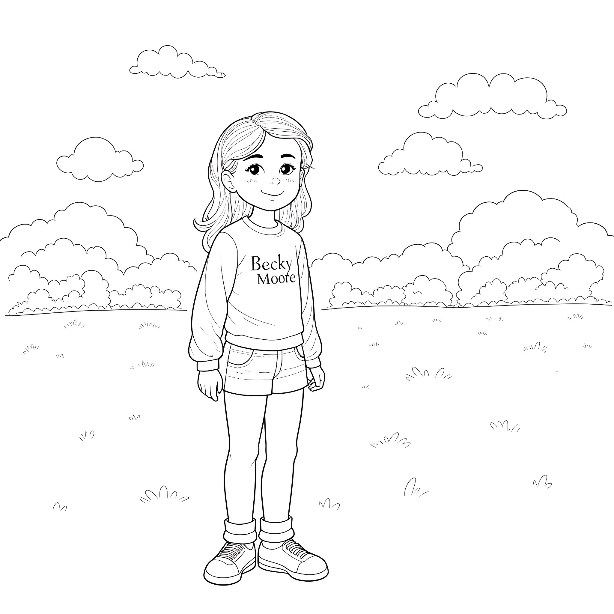 Becky Moore enjoying the outdoors Coloring Page (free black-and-white line drawing printable PDF for all, from beginners to advanced learners, including children, teens, adults, and seniors)