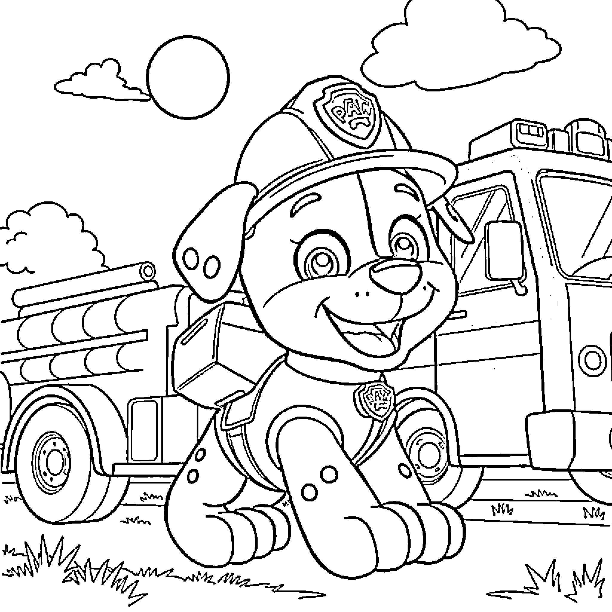 Paw Patrol Firefighter Pup Rescues with Firetruck Coloring Page (free black-and-white line drawing printable PDF for all, from beginners to advanced learners, including children, teens, adults, and seniors)