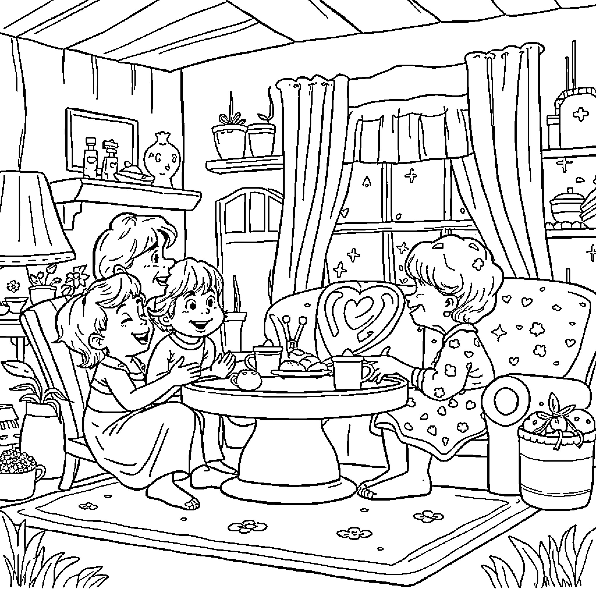 Nana's Cozy Cottage Gathering Coloring Page (free black-and-white line drawing printable PDF for all, from beginners to advanced learners, including children, teens, adults, and seniors)