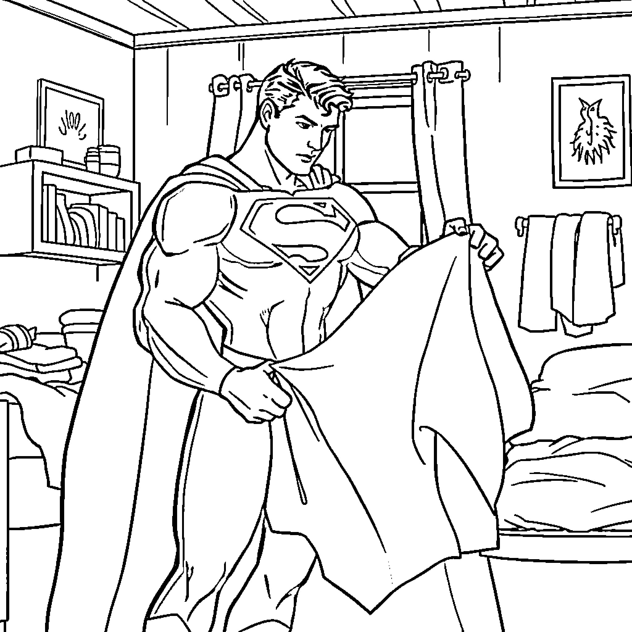 Superman Preparing for Action in His Room Coloring Page (free black-and-white line drawing printable PDF for all, from beginners to advanced learners, including children, teens, adults, and seniors)