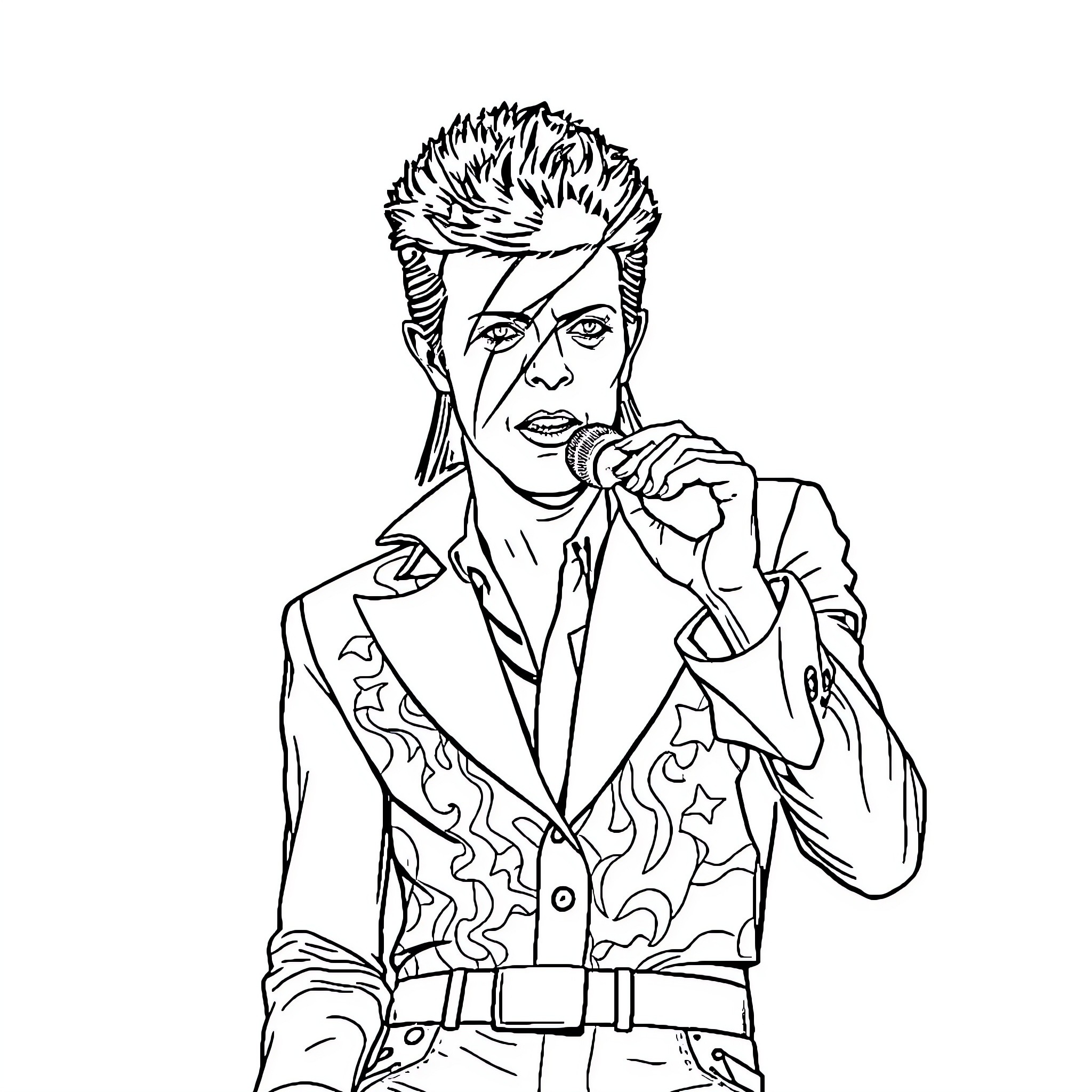 David Bowie's Distinctive Rock Star Persona Coloring Page (free black-and-white line drawing printable PDF for all, from beginners to advanced learners, including children, teens, adults, and seniors)
