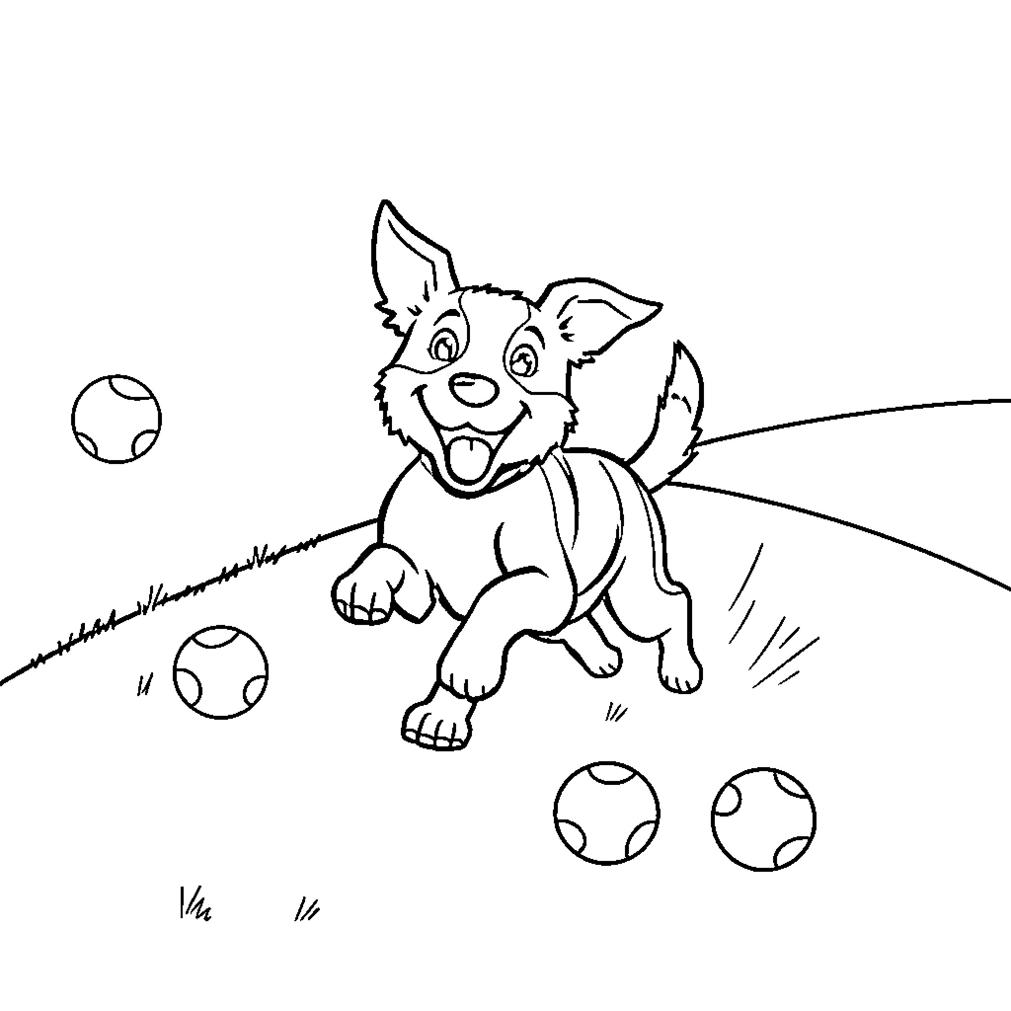 Dog chasing playfully after balls Coloring Page (free black-and-white line drawing printable PDF for all, from beginners to advanced learners, including children, teens, adults, and seniors)