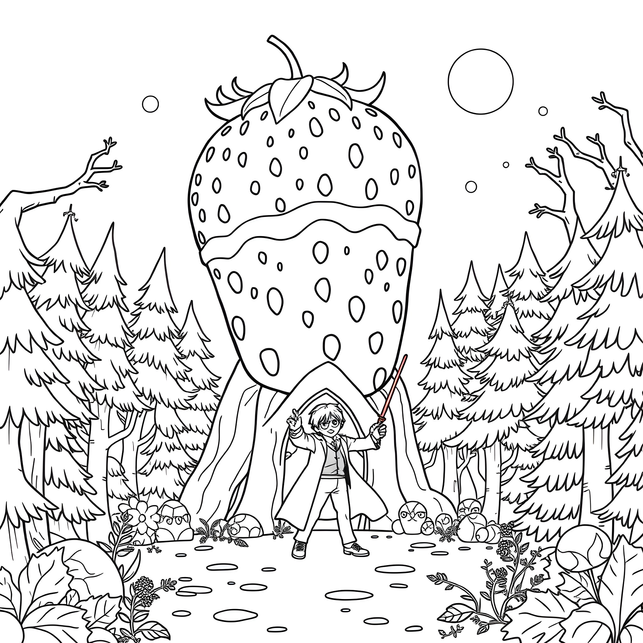 Strawberry Shortcake exploring the enchanted forest Coloring Page (free black-and-white line drawing printable PDF for all, from beginners to advanced learners, including children, teens, adults, and seniors)