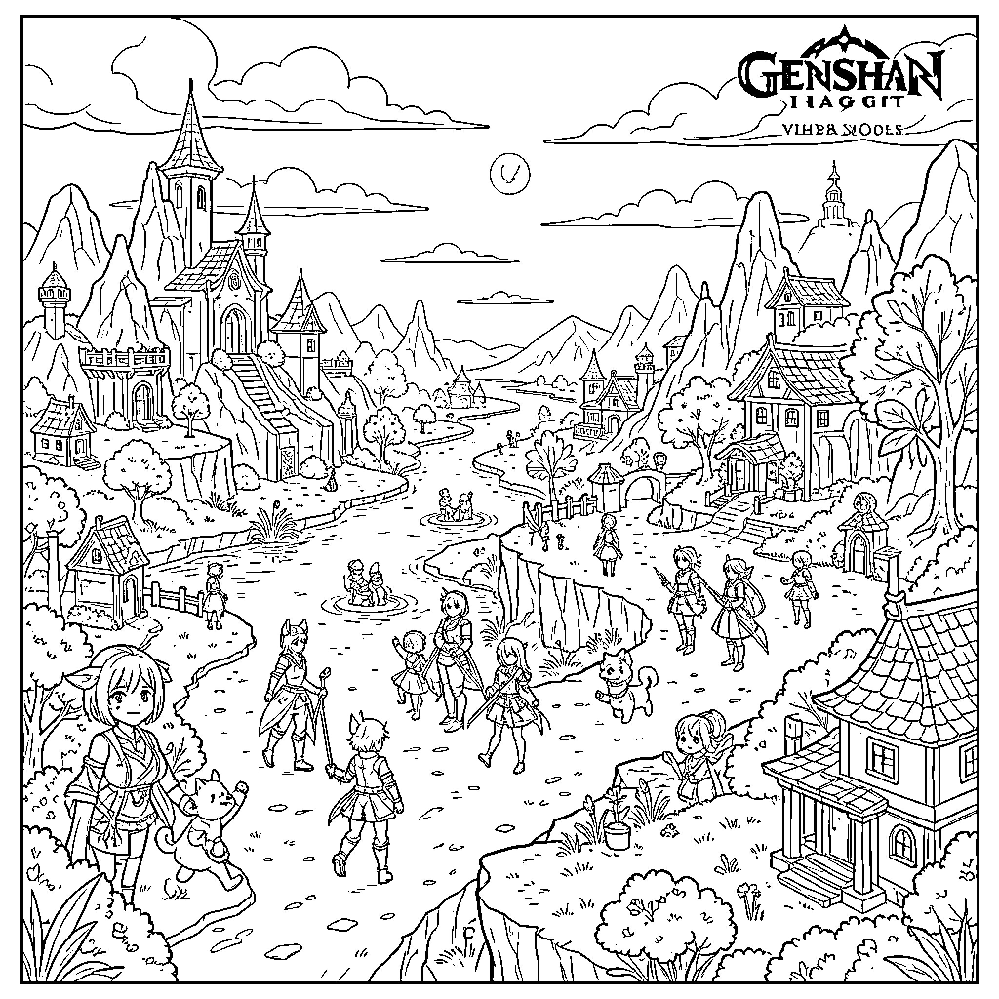 Genshin Impact characters exploring a peaceful village landscape Coloring Page (free black-and-white line drawing printable PDF for all, from beginners to advanced learners, including children, teens, adults, and seniors)
