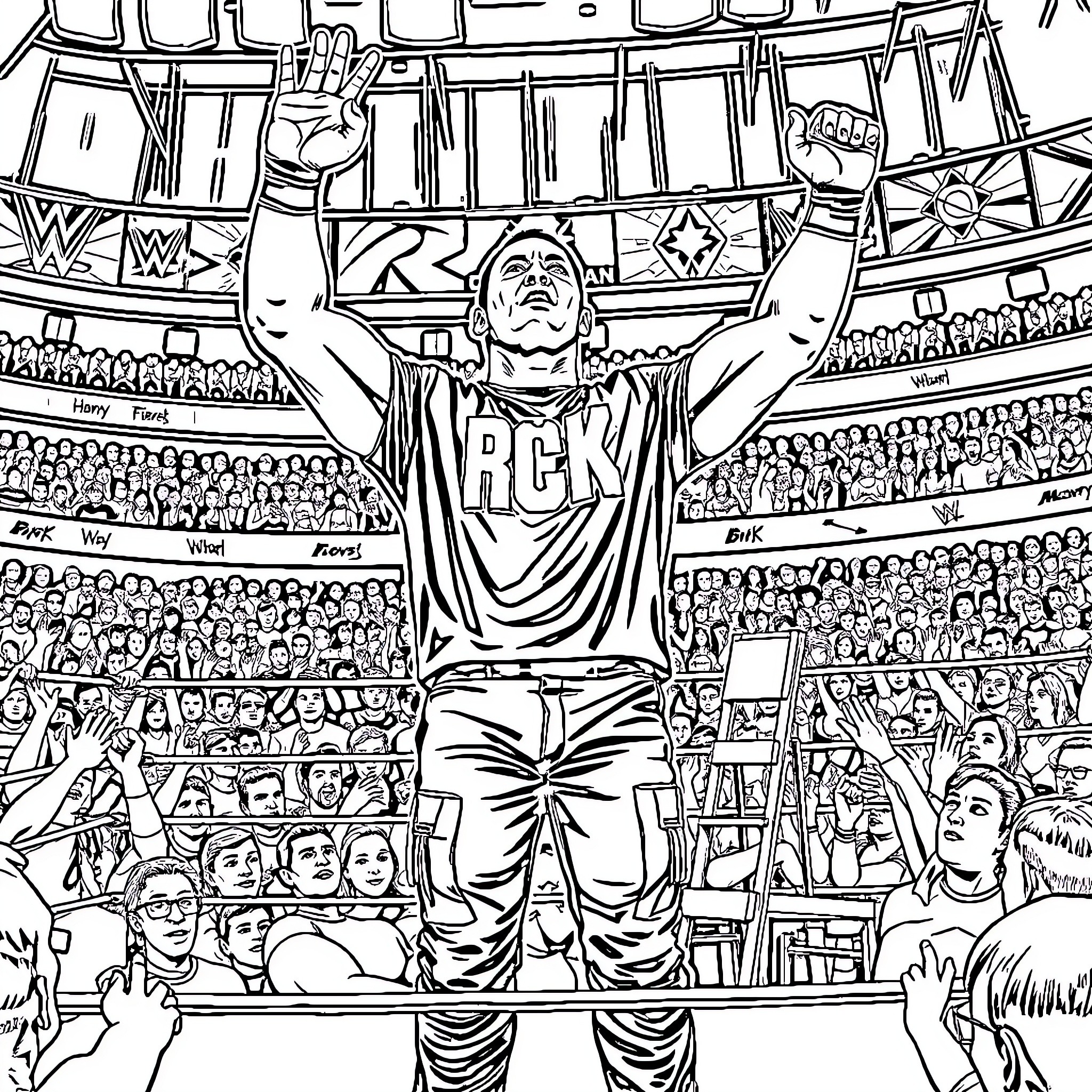John Cena Celebrating Victory in a Wrestling Arena Coloring Page (free black-and-white line drawing printable PDF for all, from beginners to advanced learners, including children, teens, adults, and seniors)