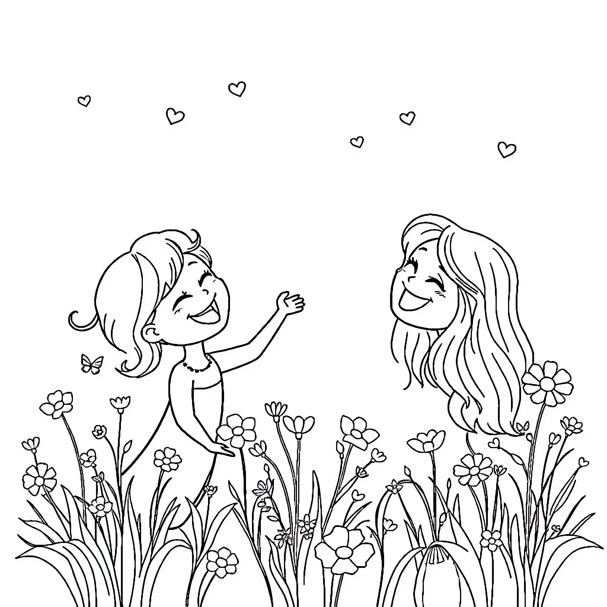 Happiness in the Flower Garden Coloring Page (free black-and-white line drawing printable PDF for all, from beginners to advanced learners, including children, teens, adults, and seniors)