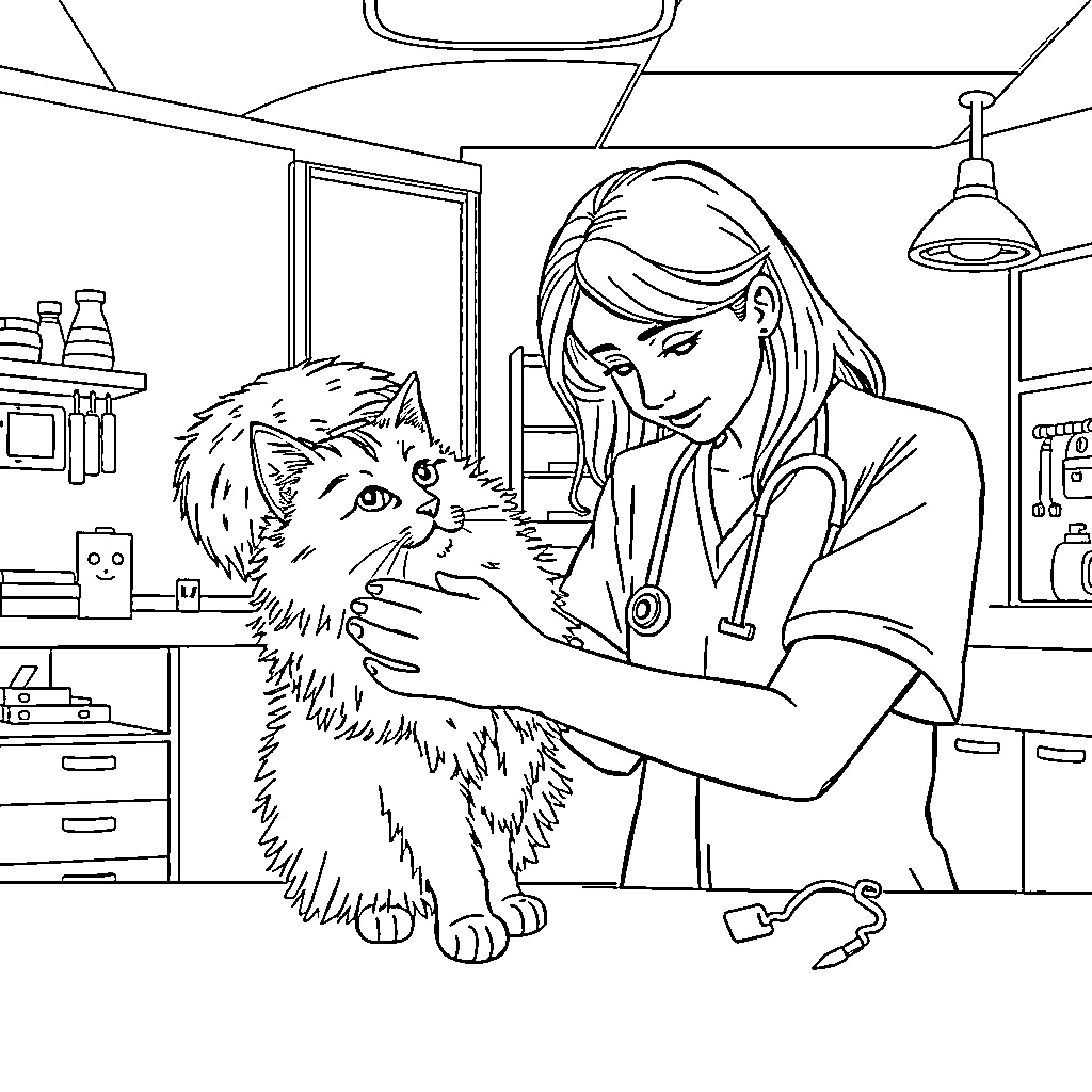 Veterinarian examining a furry patient Coloring Page (free black-and-white line drawing printable PDF for all, from beginners to advanced learners, including children, teens, adults, and seniors)