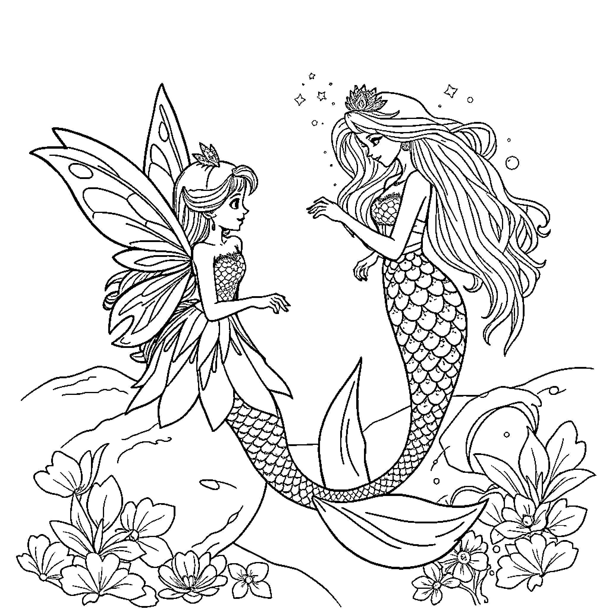 Princess Fairy and Mermaid in Underwater Enchantment Coloring Page (free black-and-white line drawing printable PDF for all, from beginners to advanced learners, including children, teens, adults, and seniors)