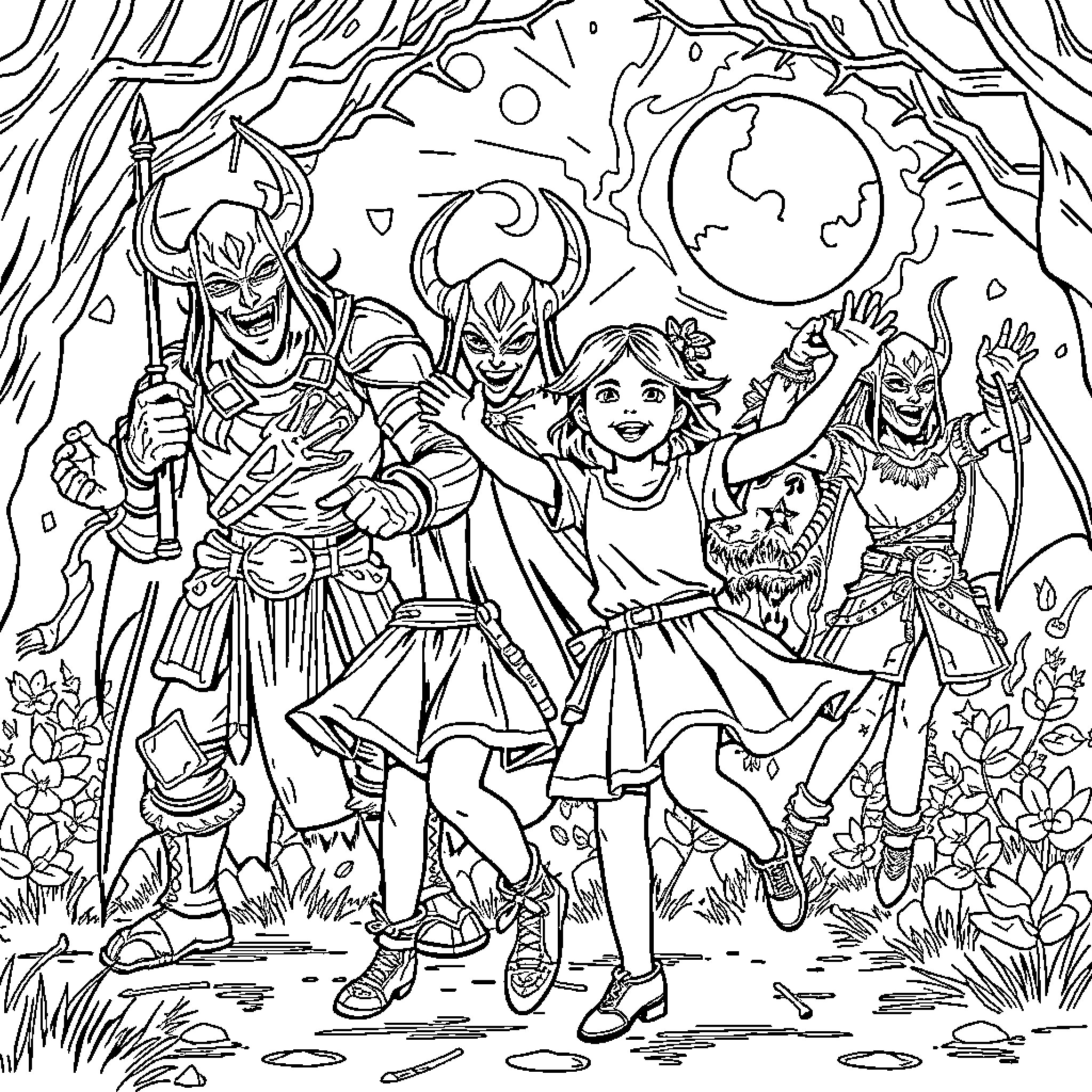 Girl Dancing with Fantasy Figures in Magical Forest Coloring Page (free black-and-white line drawing printable PDF for all, from beginners to advanced learners, including children, teens, adults, and seniors)