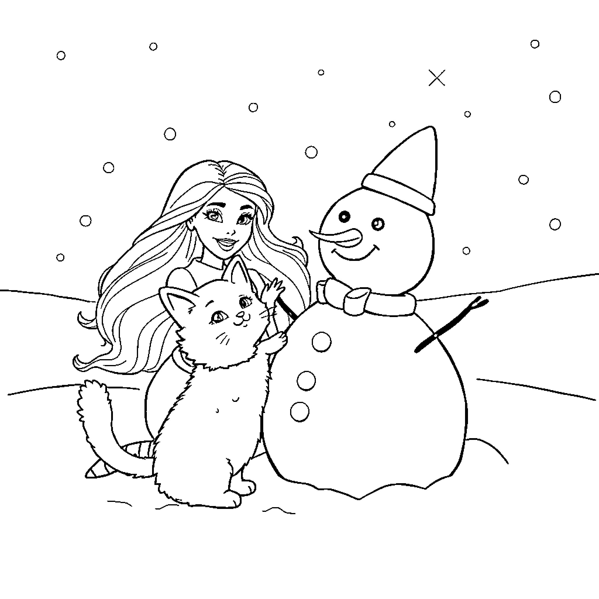 Barbie playing with friends in the snow Coloring Page (free black-and-white line drawing printable PDF for all, from beginners to advanced learners, including children, teens, adults, and seniors)