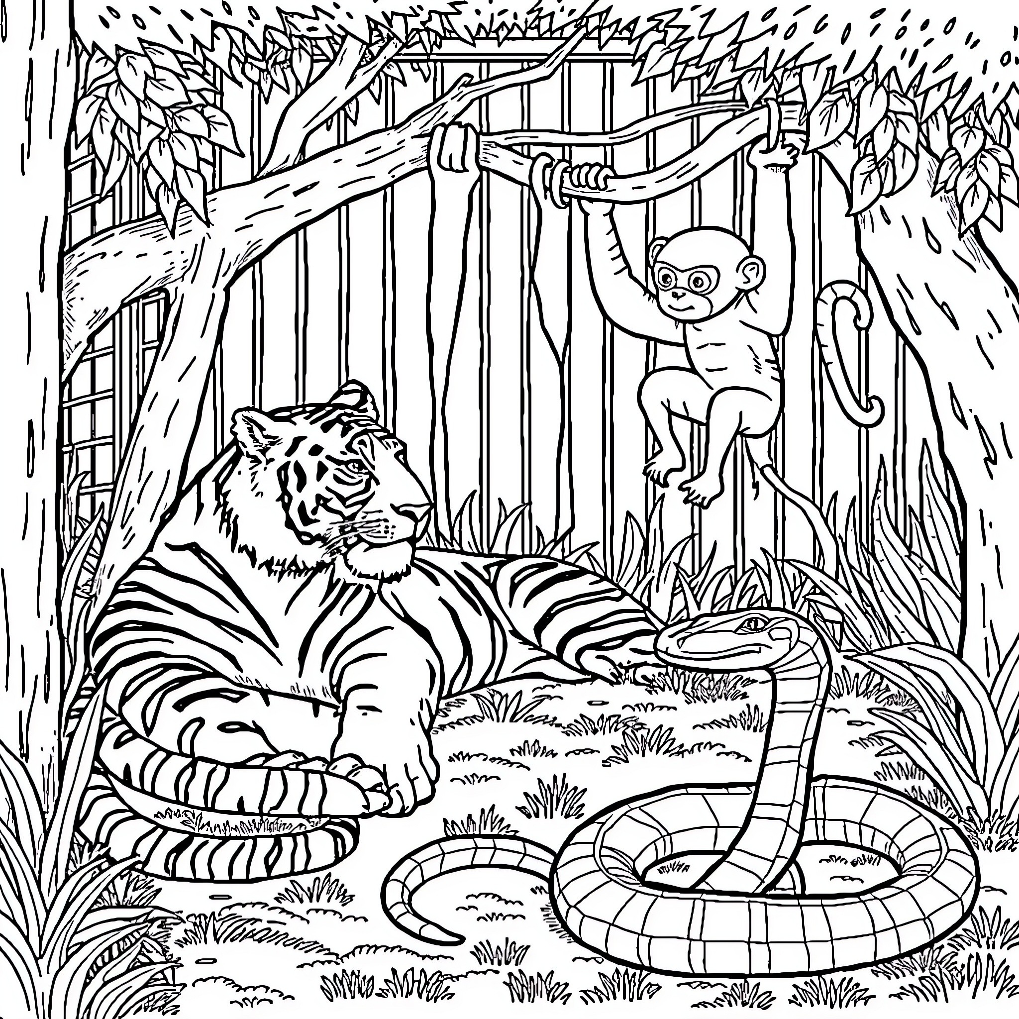 Tiger resting with monkey in the jungle Coloring Page (free black-and-white line drawing printable PDF for all, from beginners to advanced learners, including children, teens, adults, and seniors)