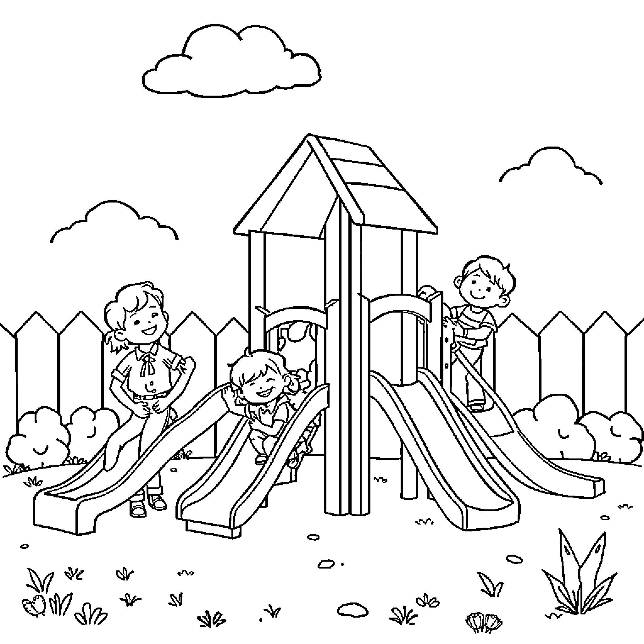 Kids playing happily on the playground equipment Coloring Page (free black-and-white line drawing printable PDF for all, from beginners to advanced learners, including children, teens, adults, and seniors)
