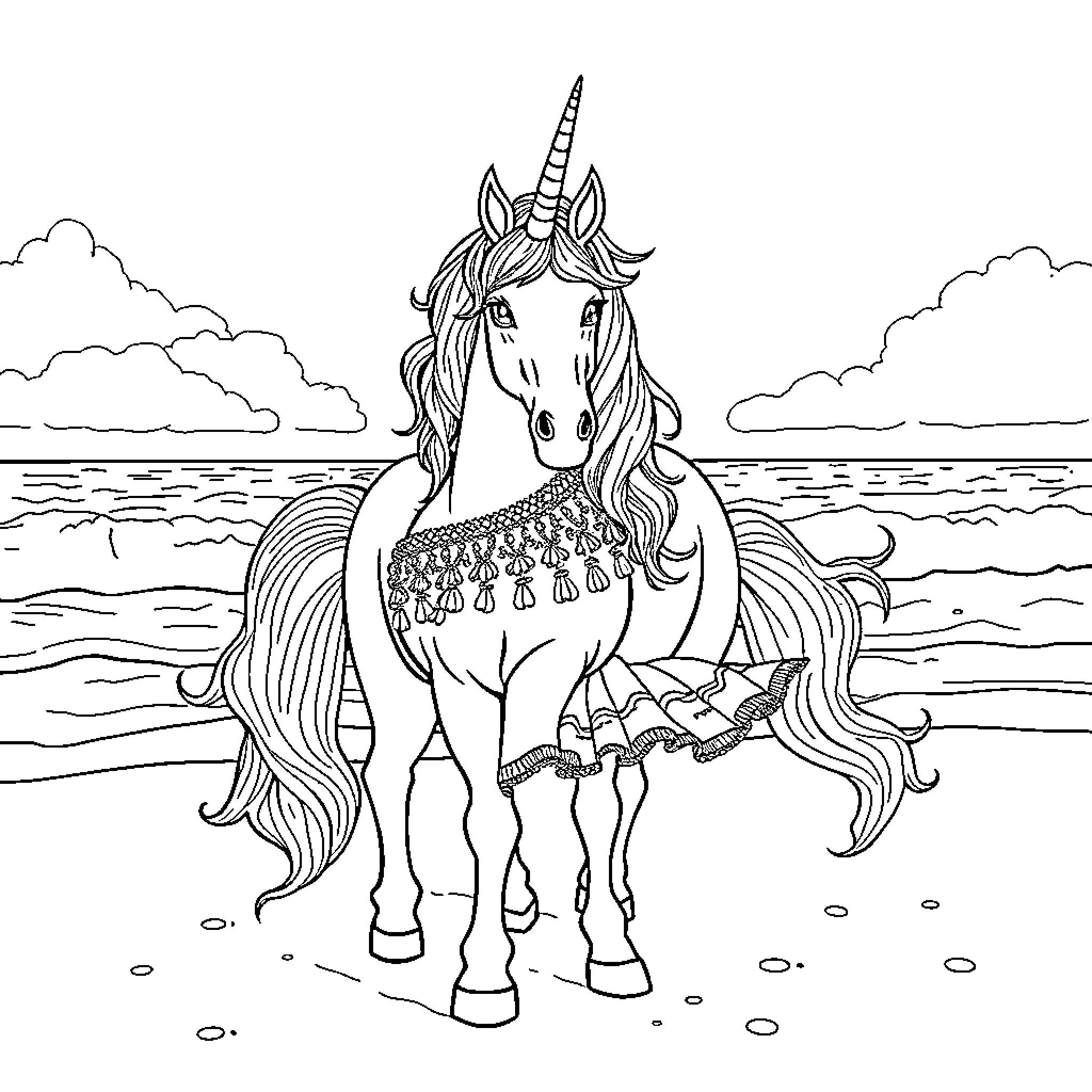 Unicorn walking gracefully on the beach Coloring Page (free black-and-white line drawing printable PDF for all, from beginners to advanced learners, including children, teens, adults, and seniors)