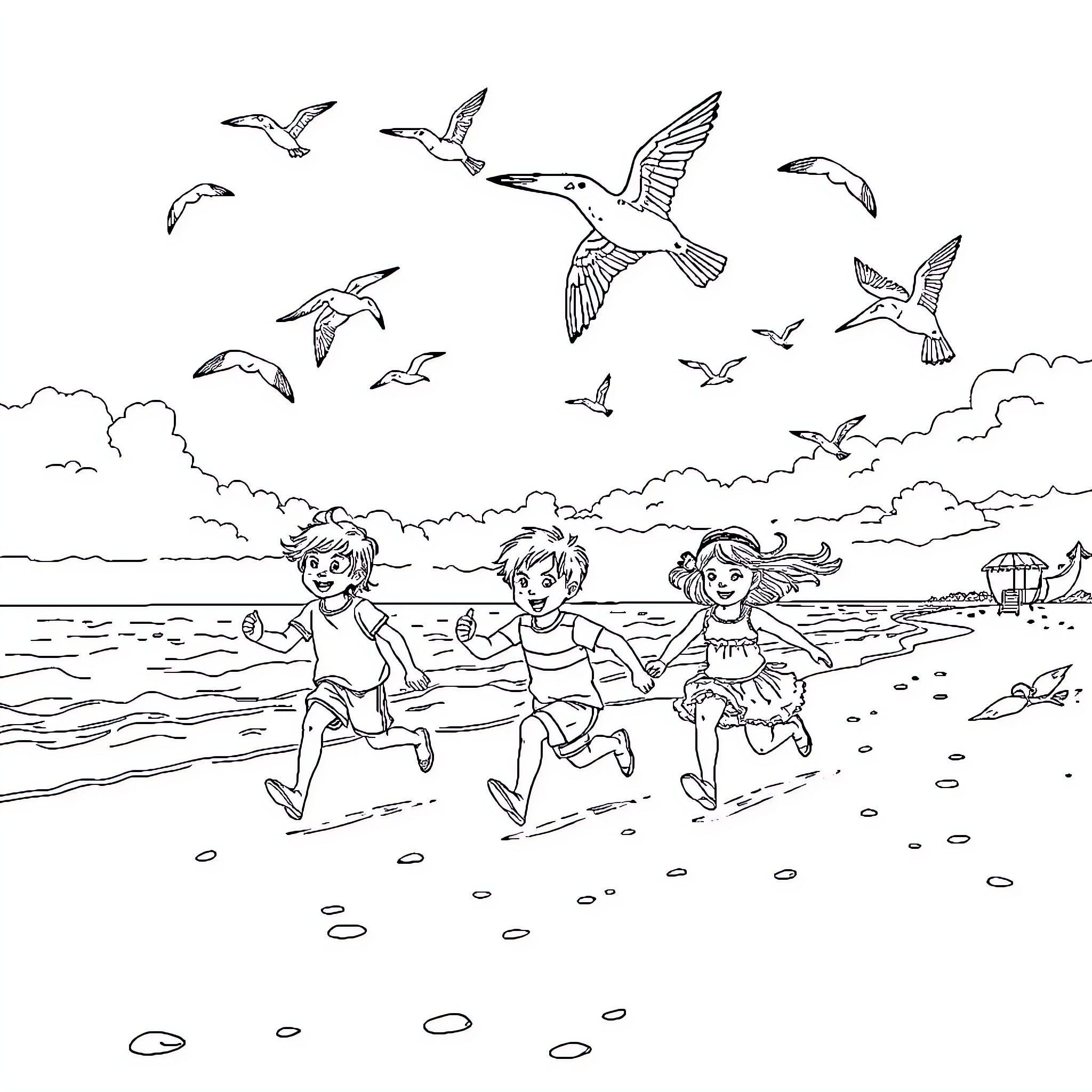 Children playing joyfully at the beach Coloring Page (free black-and-white line drawing printable PDF for all, from beginners to advanced learners, including children, teens, adults, and seniors)