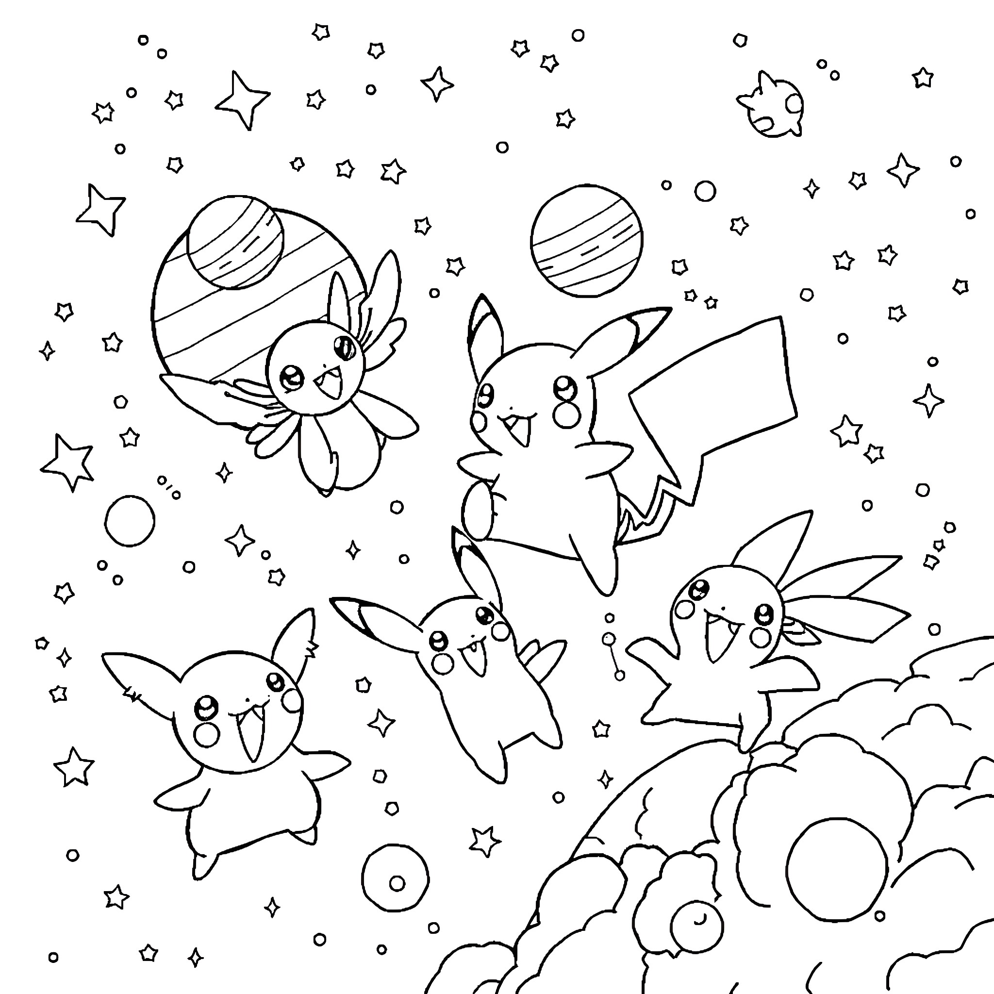 Pokémon characters playing in the stars Coloring Page (free black-and-white line drawing printable PDF for all, from beginners to advanced learners, including children, teens, adults, and seniors)