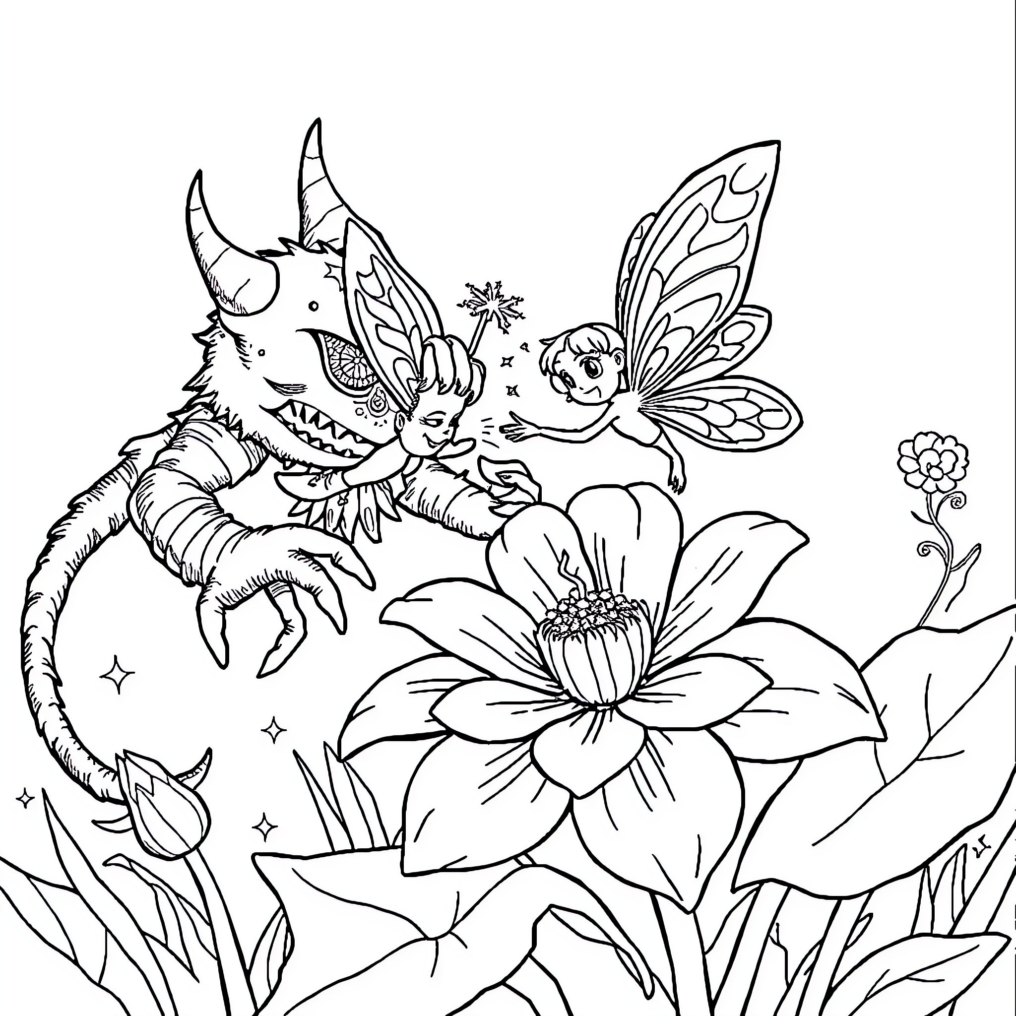 Fairy Dragon and Butterfly Enchantment Coloring Page (free black-and-white line drawing printable PDF for all, from beginners to advanced learners, including children, teens, adults, and seniors)