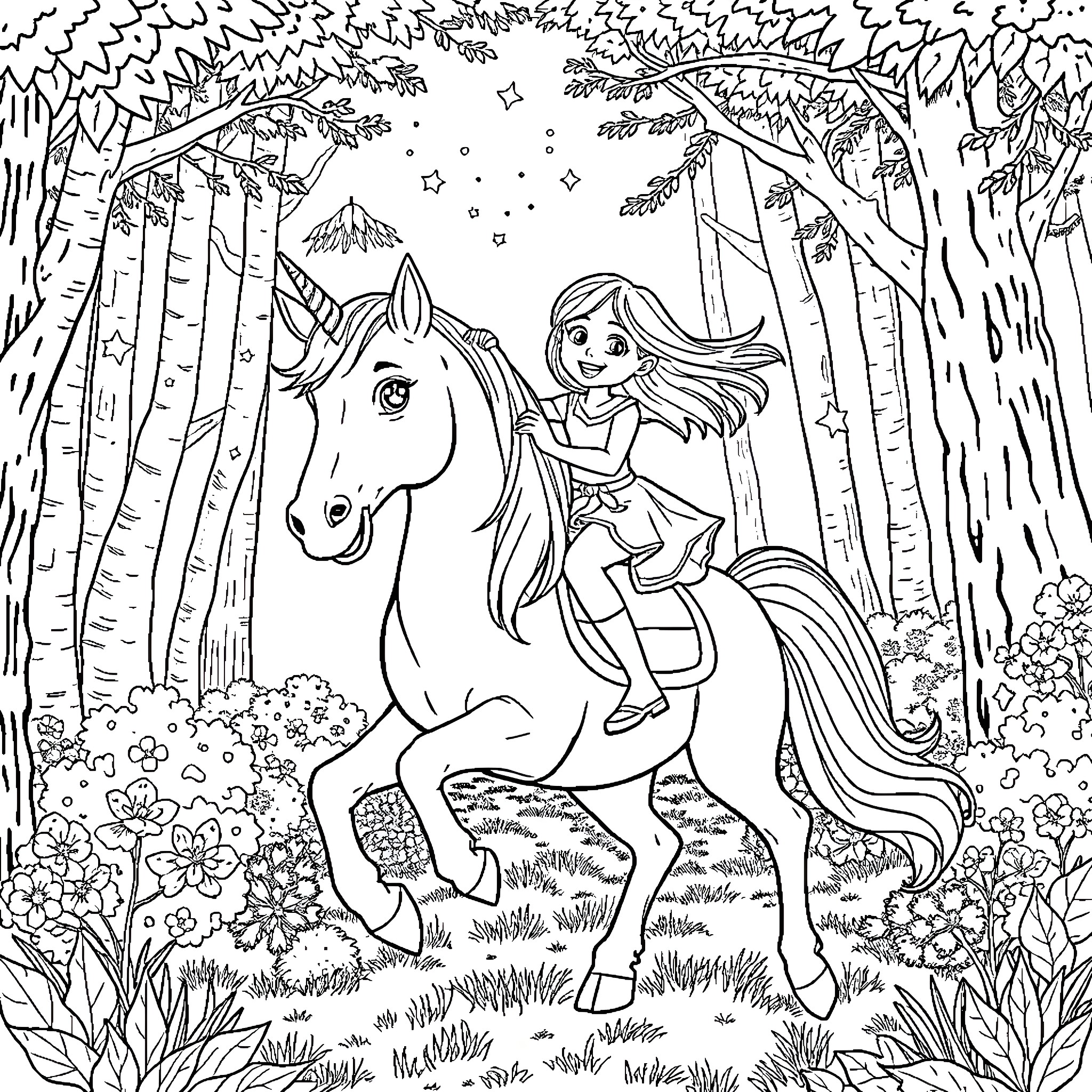 Girl riding unicorn through enchanted forest Coloring Page (free black-and-white line drawing printable PDF for all, from beginners to advanced learners, including children, teens, adults, and seniors)