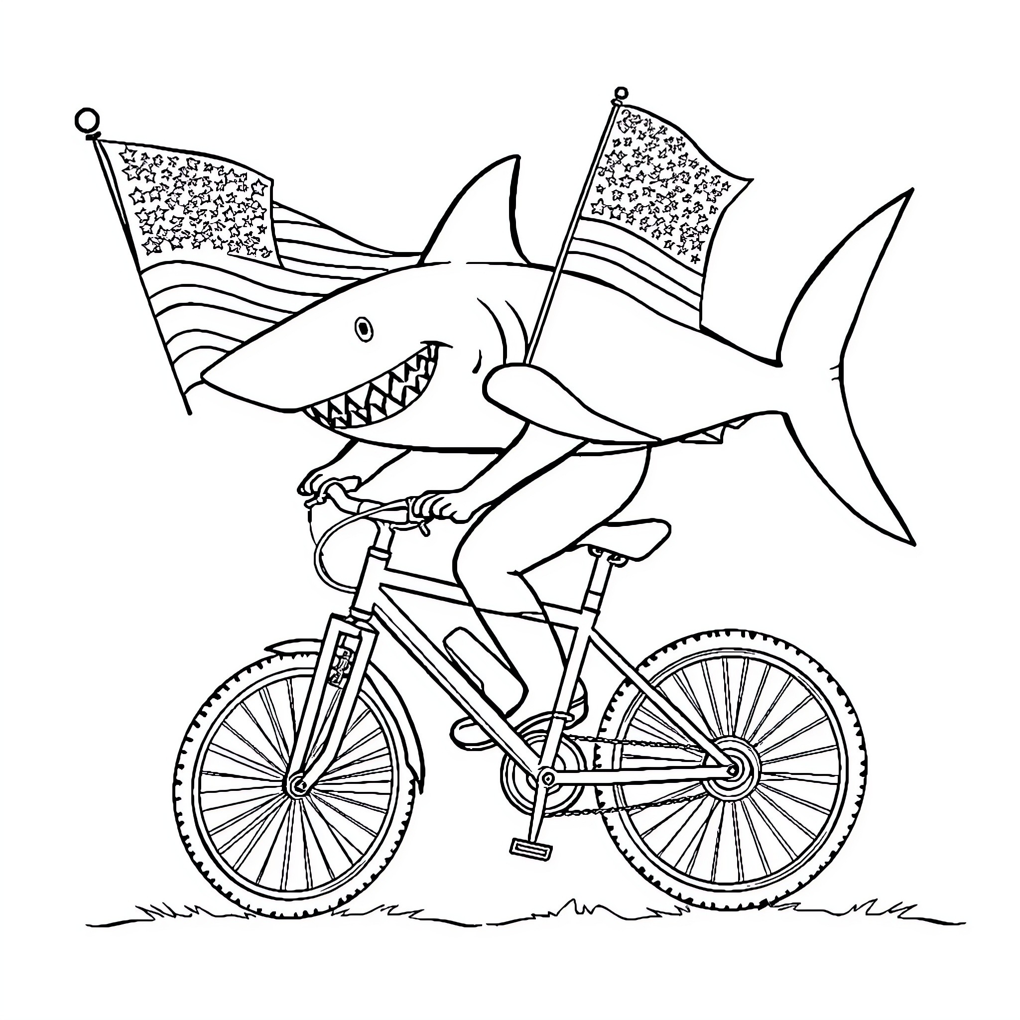 Hammerhead Shark riding a bicycle with American flags Coloring Page (free black-and-white line drawing printable PDF for all, from beginners to advanced learners, including children, teens, adults, and seniors)
