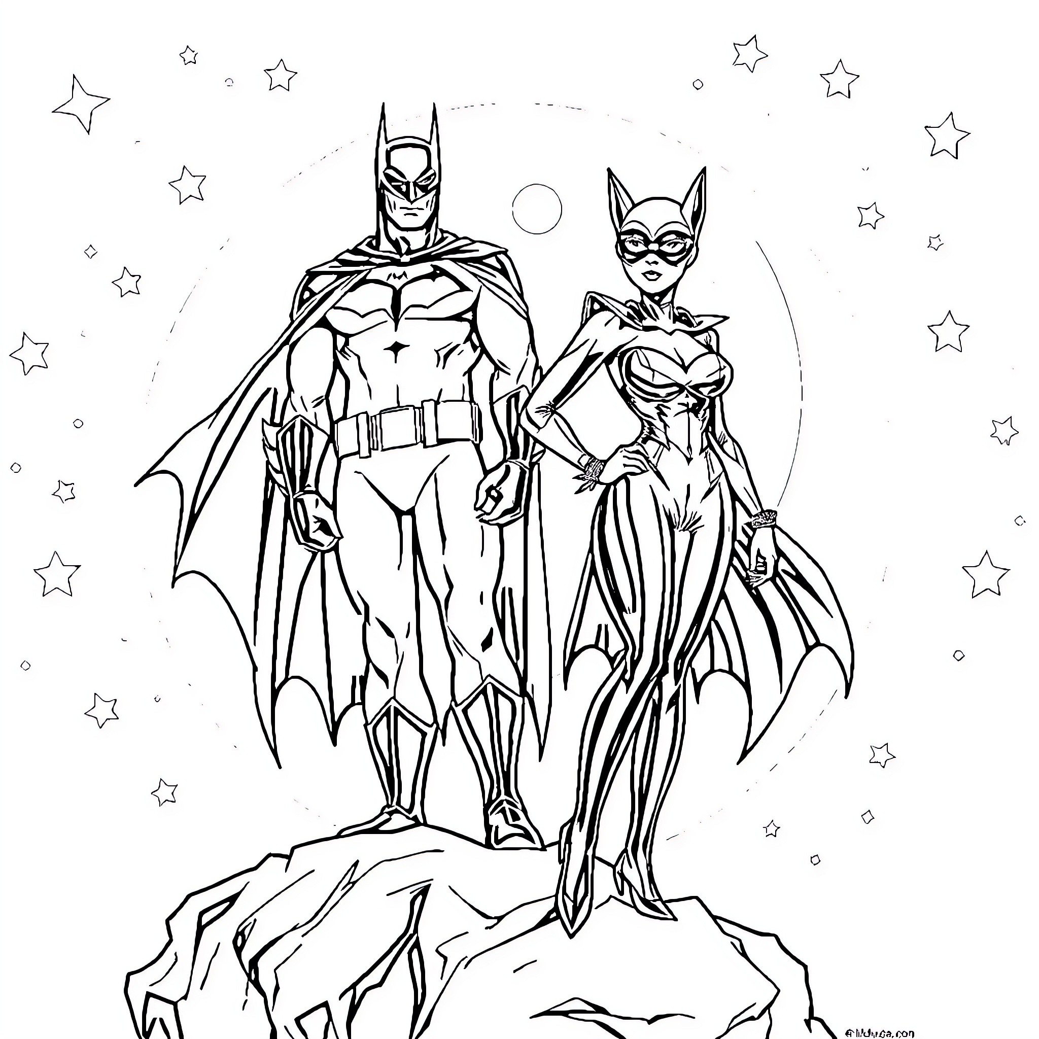Batman and Catwoman in heroic poses against starry backdrop Coloring Page (free black-and-white line drawing printable PDF for all, from beginners to advanced learners, including children, teens, adults, and seniors)