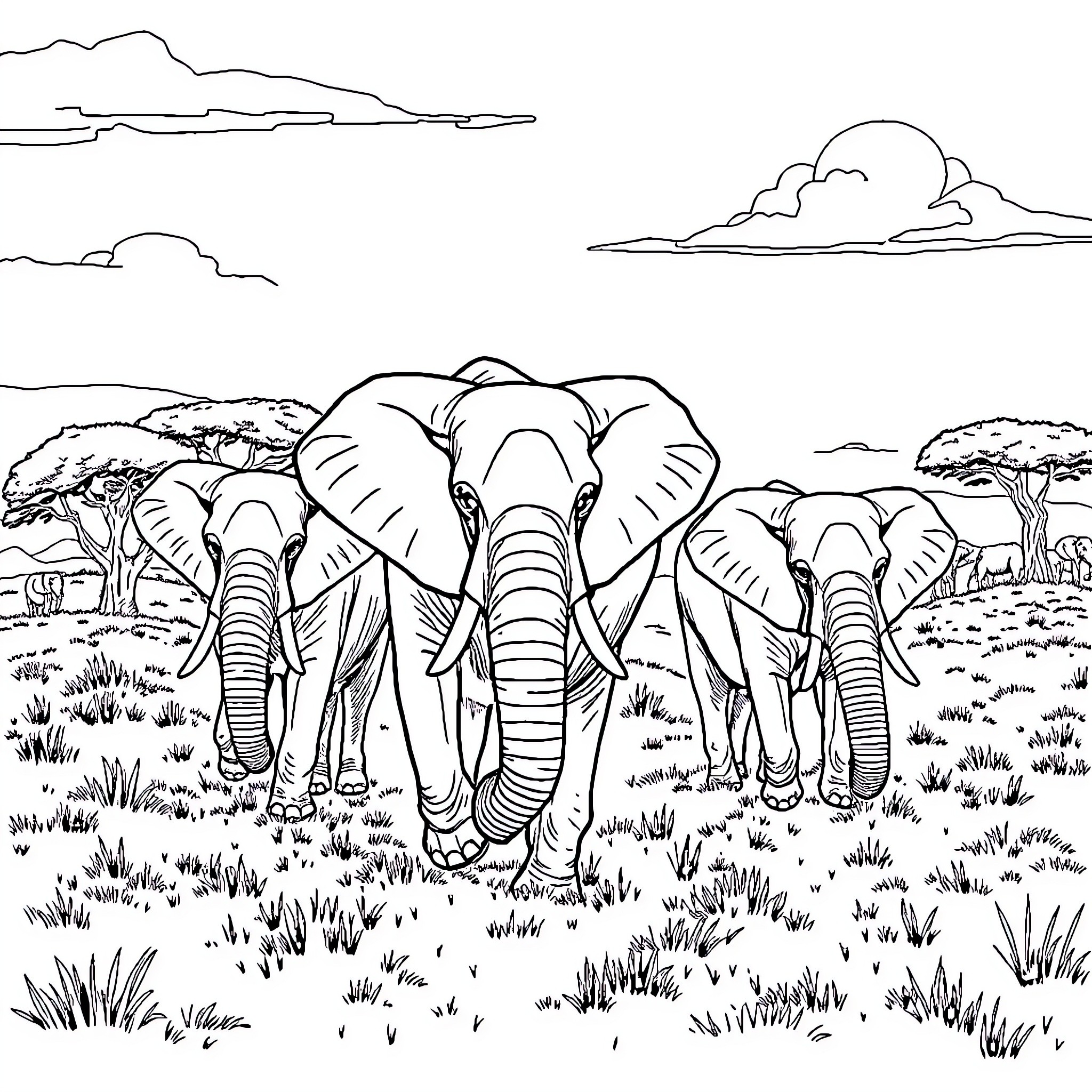 Elephants walking through the African savanna Coloring Page (free black-and-white line drawing printable PDF for all, from beginners to advanced learners, including children, teens, adults, and seniors)